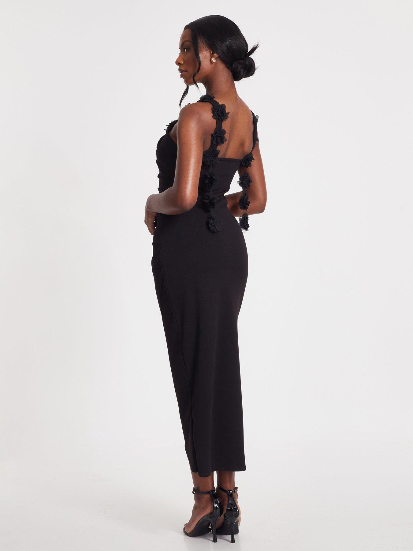 Image 2 of 6 of Quiz Black Floral Trim Midaxi Dress