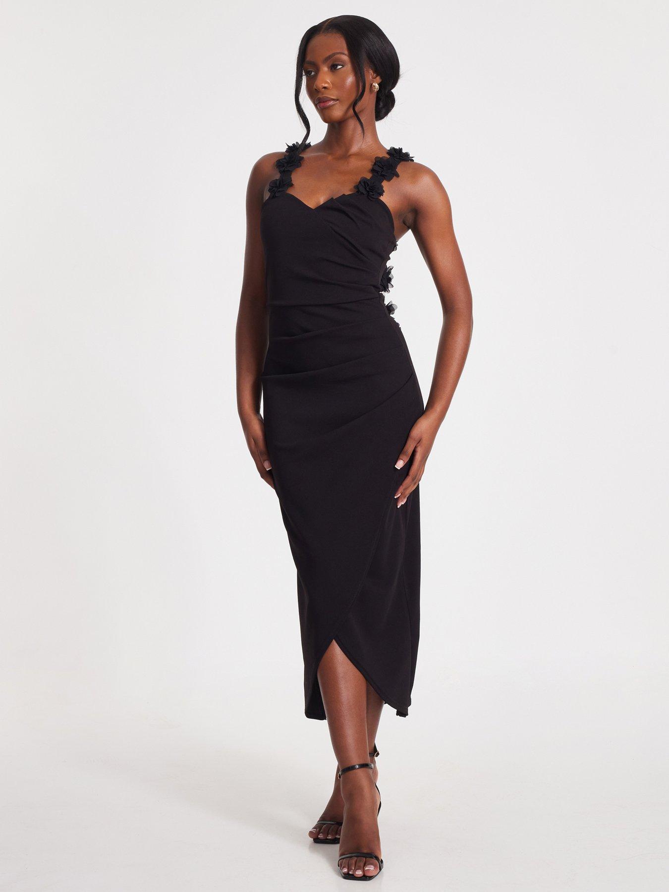 Image 3 of 6 of Quiz Black Floral Trim Midaxi Dress