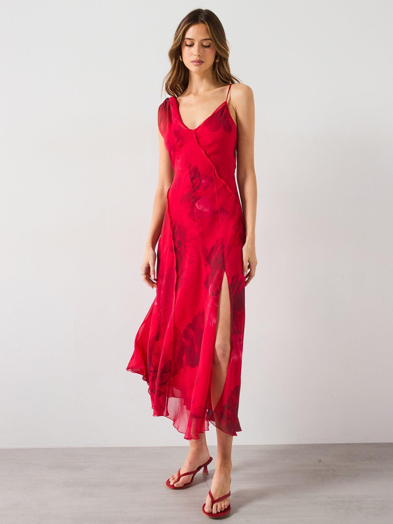 undefined Asymmetrical Floral Dress - Red