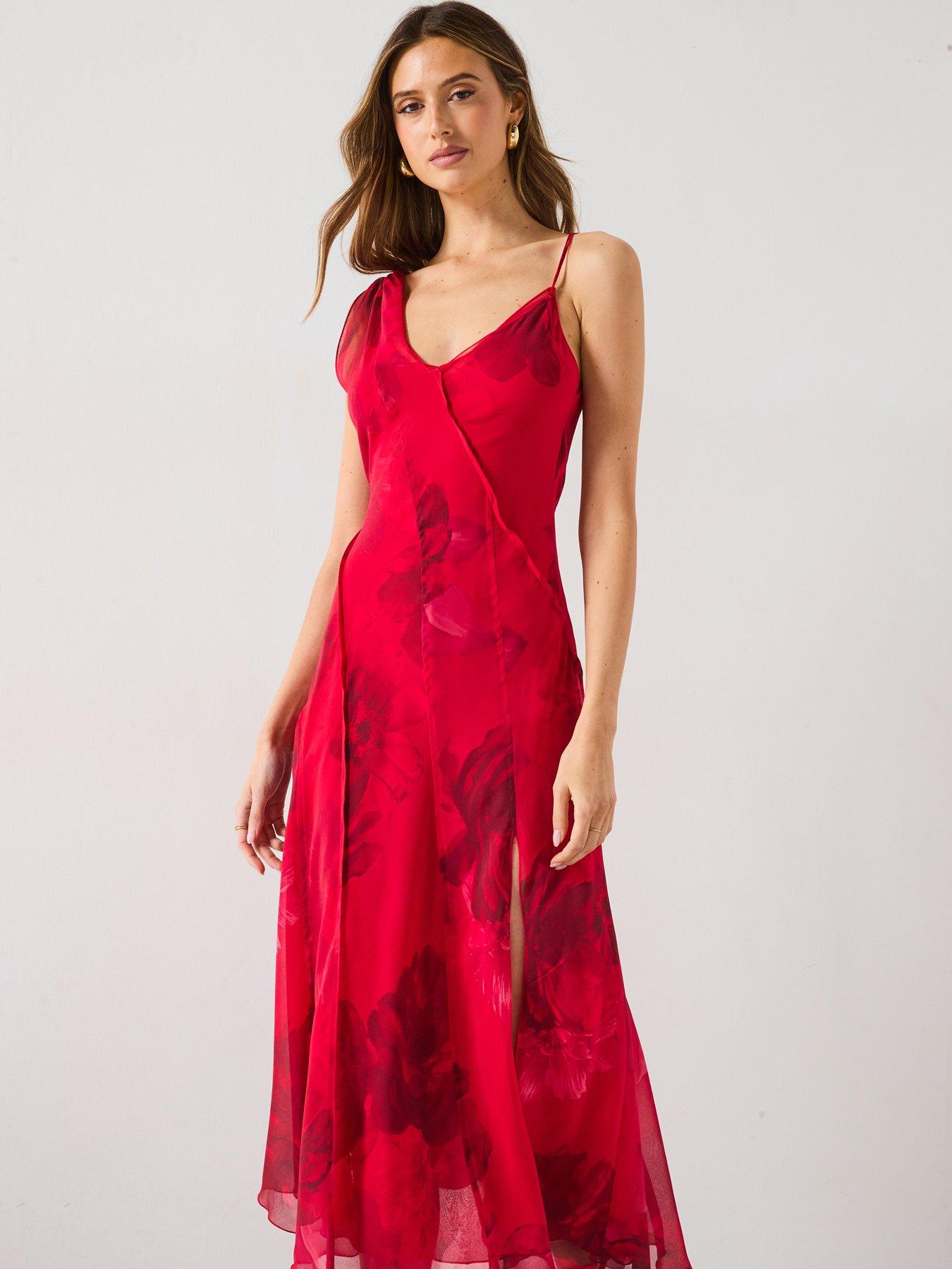 strapless open back dress Red Floral Frill Hem Maxi Dress – AX Paris