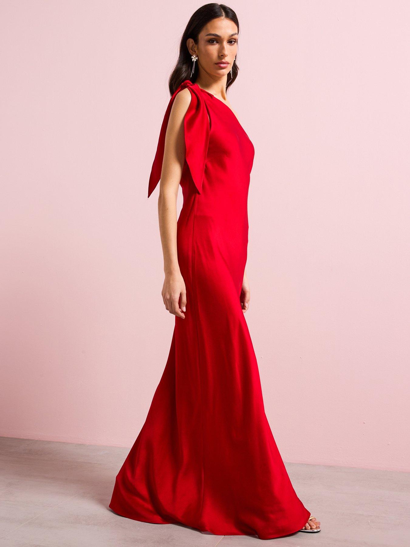 Image 1 of 6 of Mango Satin Dress With Asymmetric Neck - Red