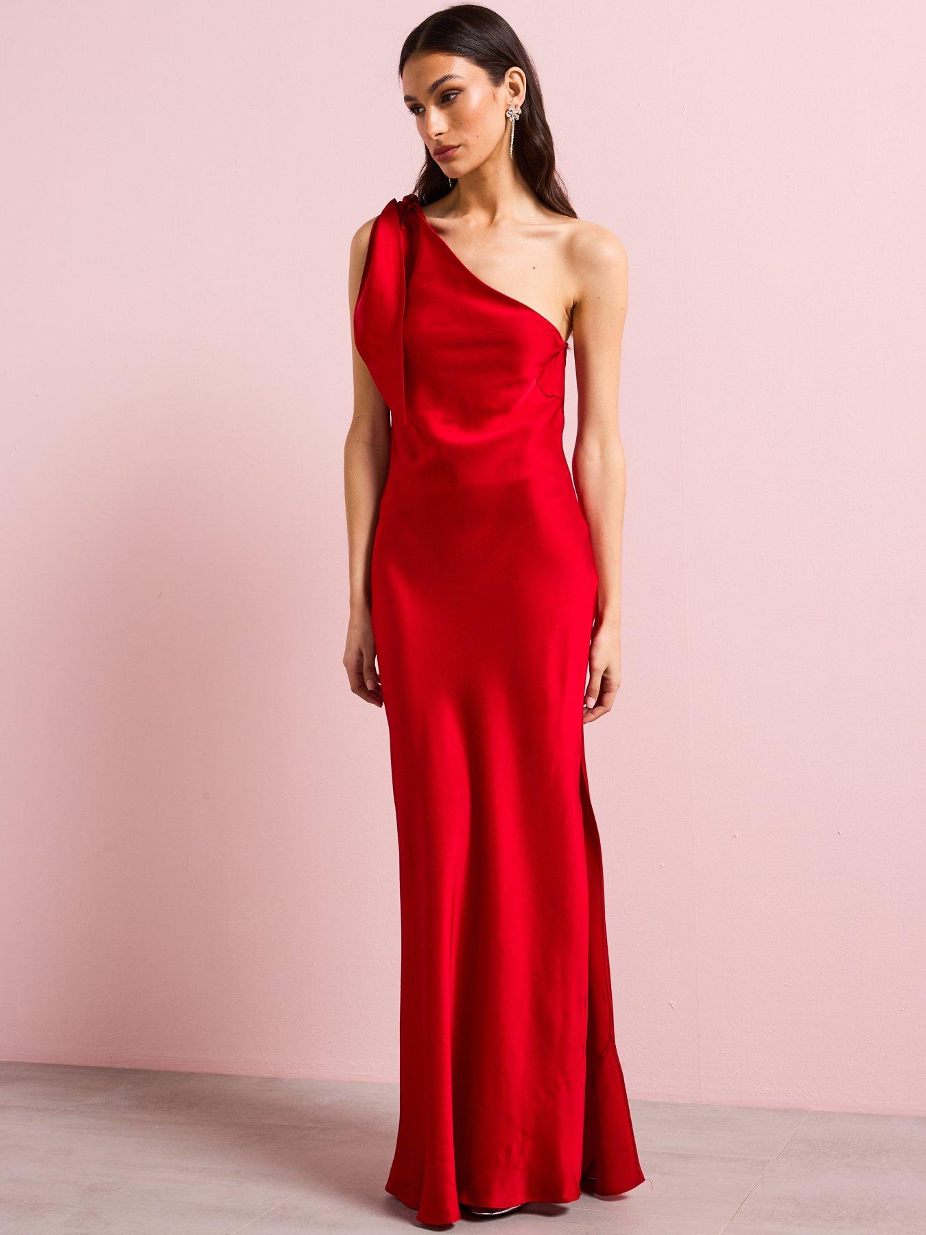 Image 3 of 6 of Mango Satin Dress With Asymmetric Neck - Red