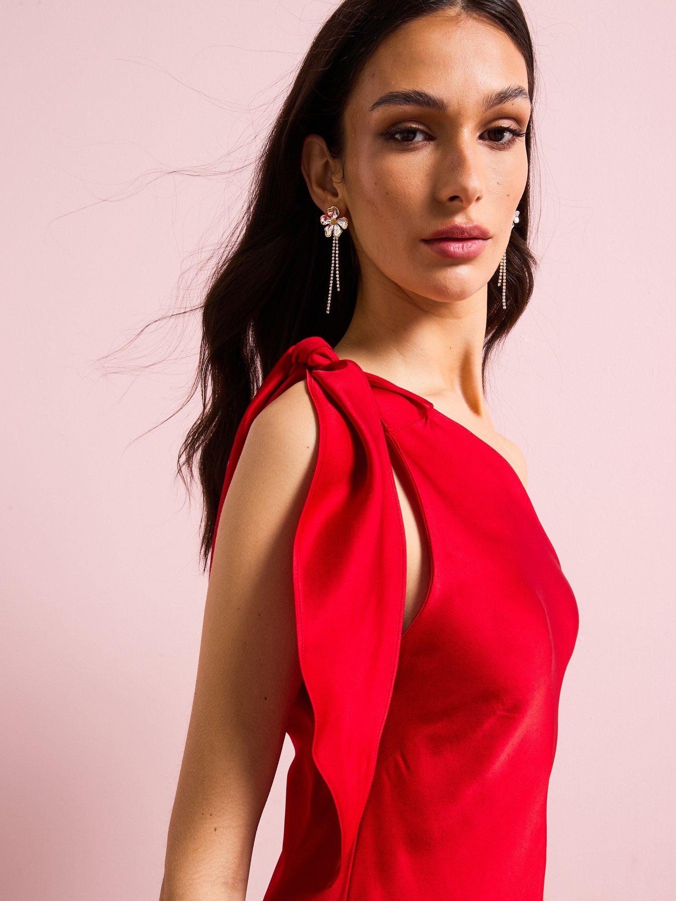 Image 4 of 6 of Mango Satin Dress With Asymmetric Neck - Red