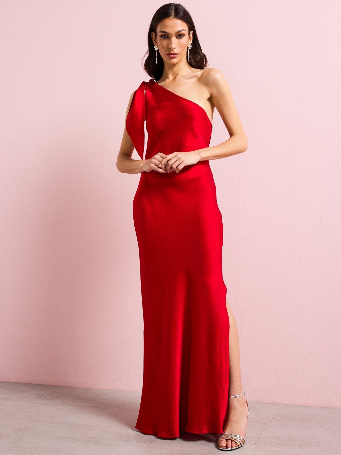 Image 5 of 6 of Mango Satin Dress With Asymmetric Neck - Red