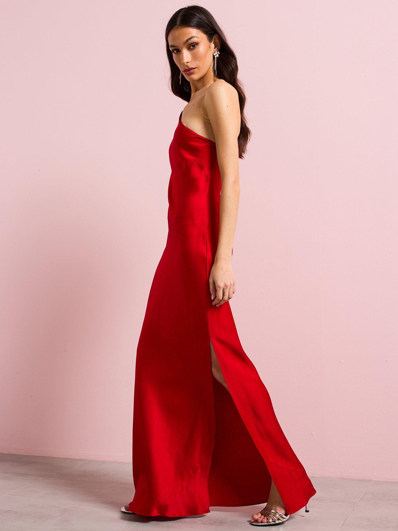 Image 6 of 6 of Mango Satin Dress With Asymmetric Neck - Red