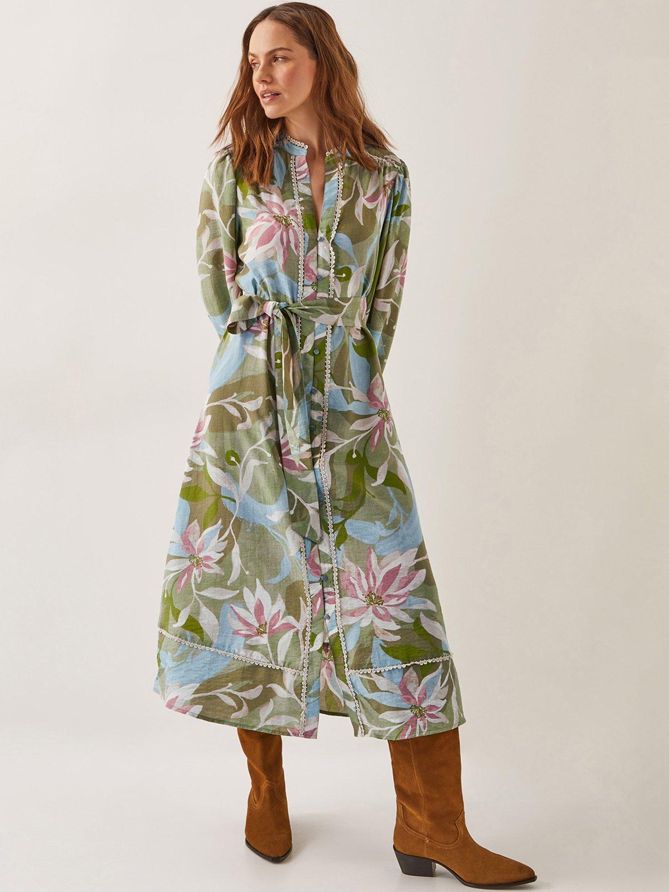 Image 1 of 5 of Monsoon Piper Print Dress - Khaki