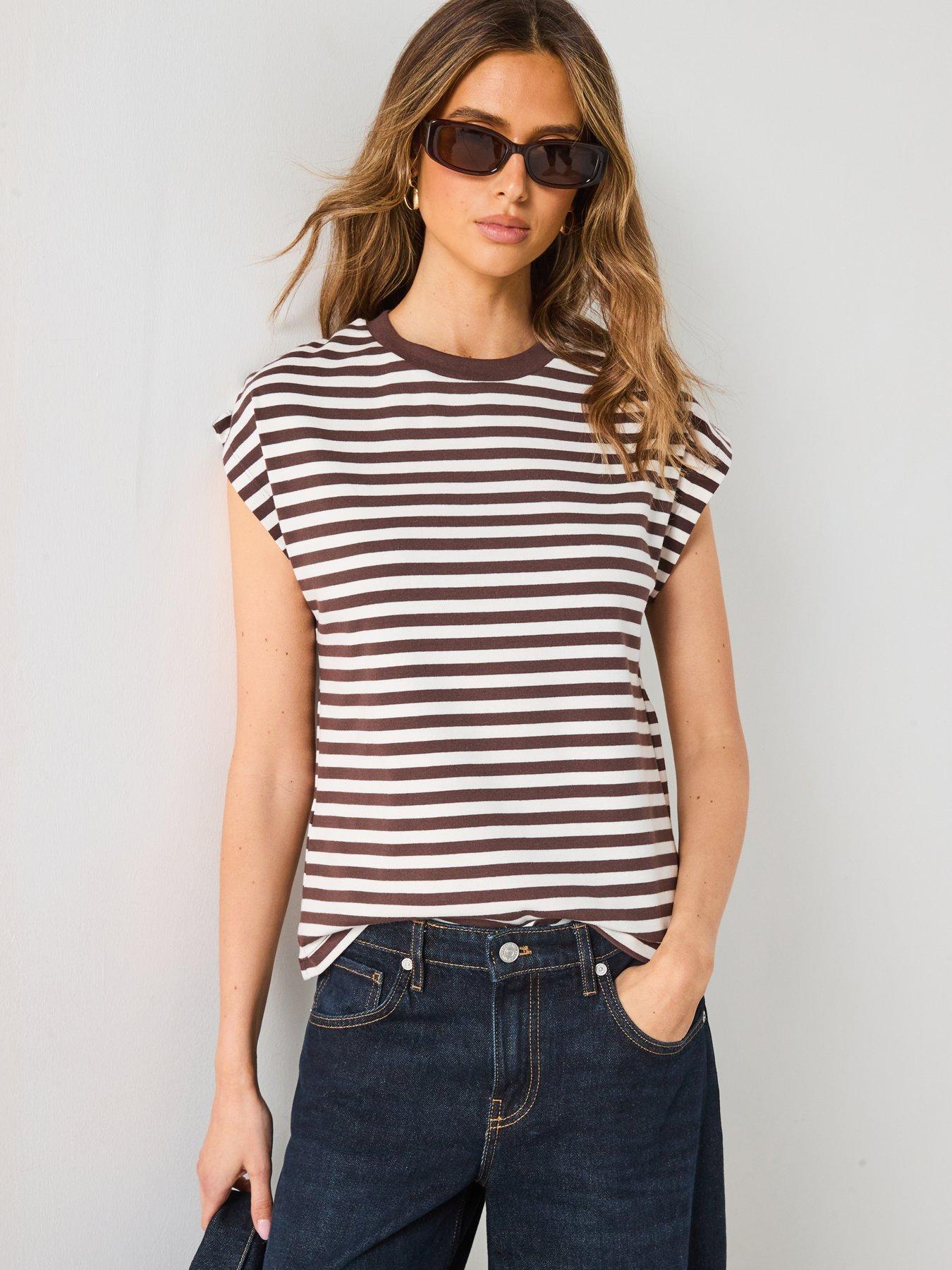 Image of Mango Striped Short Sleeved T-Shirt - Brown