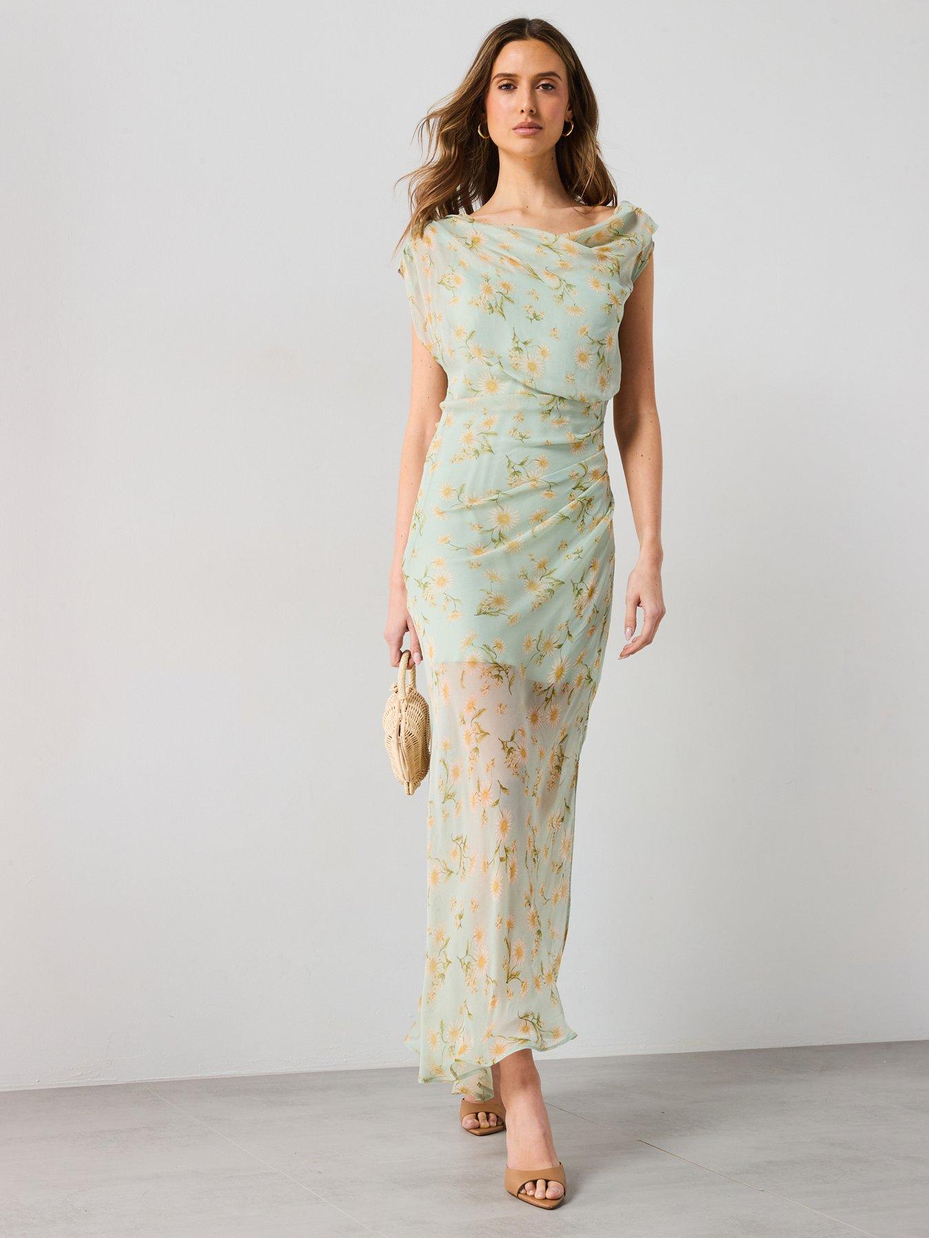 undefined Semi-transparent Floral-print Draped Dress