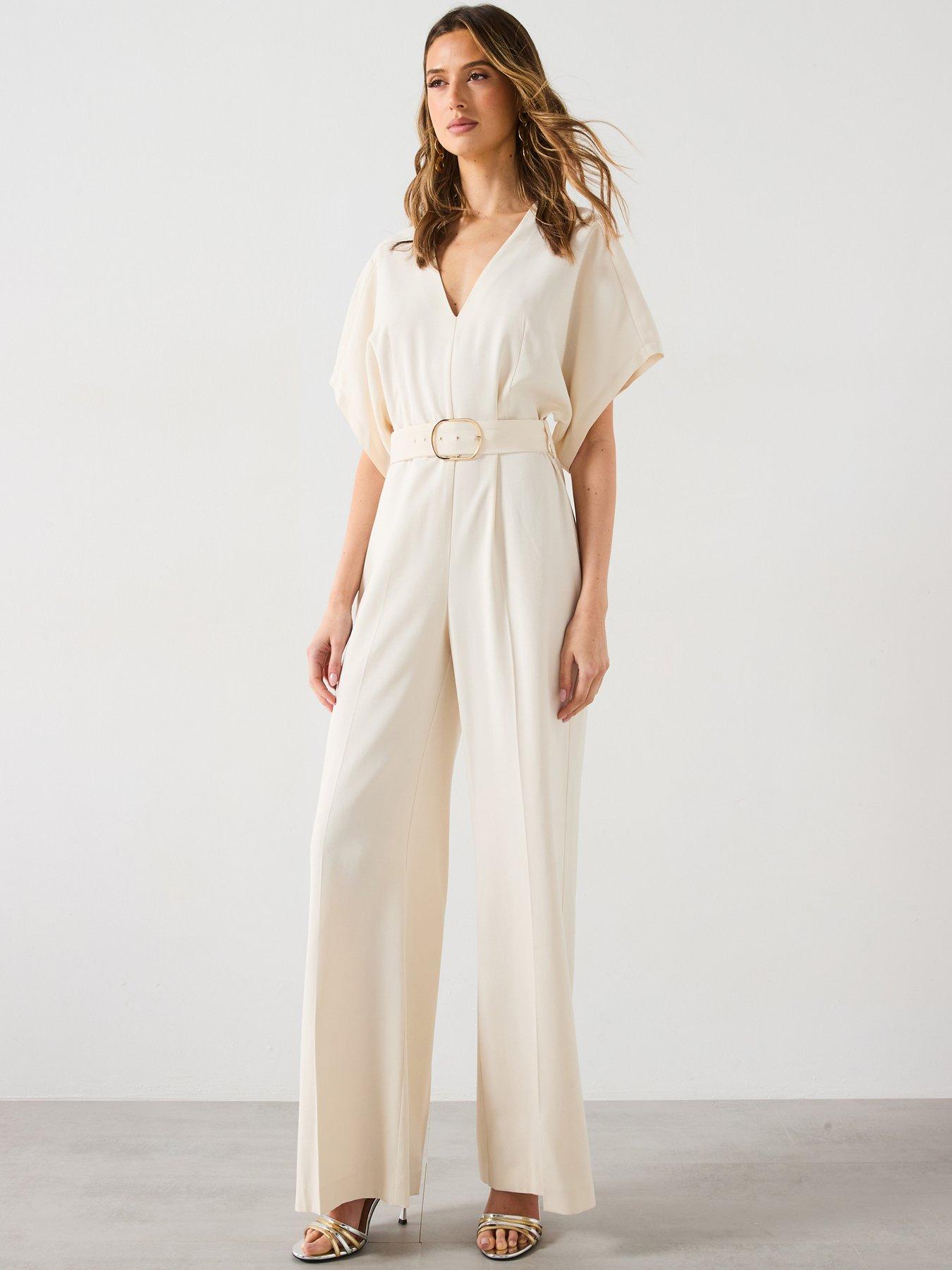 undefined Long Jumpsuit With Belt And Buckle - Cream