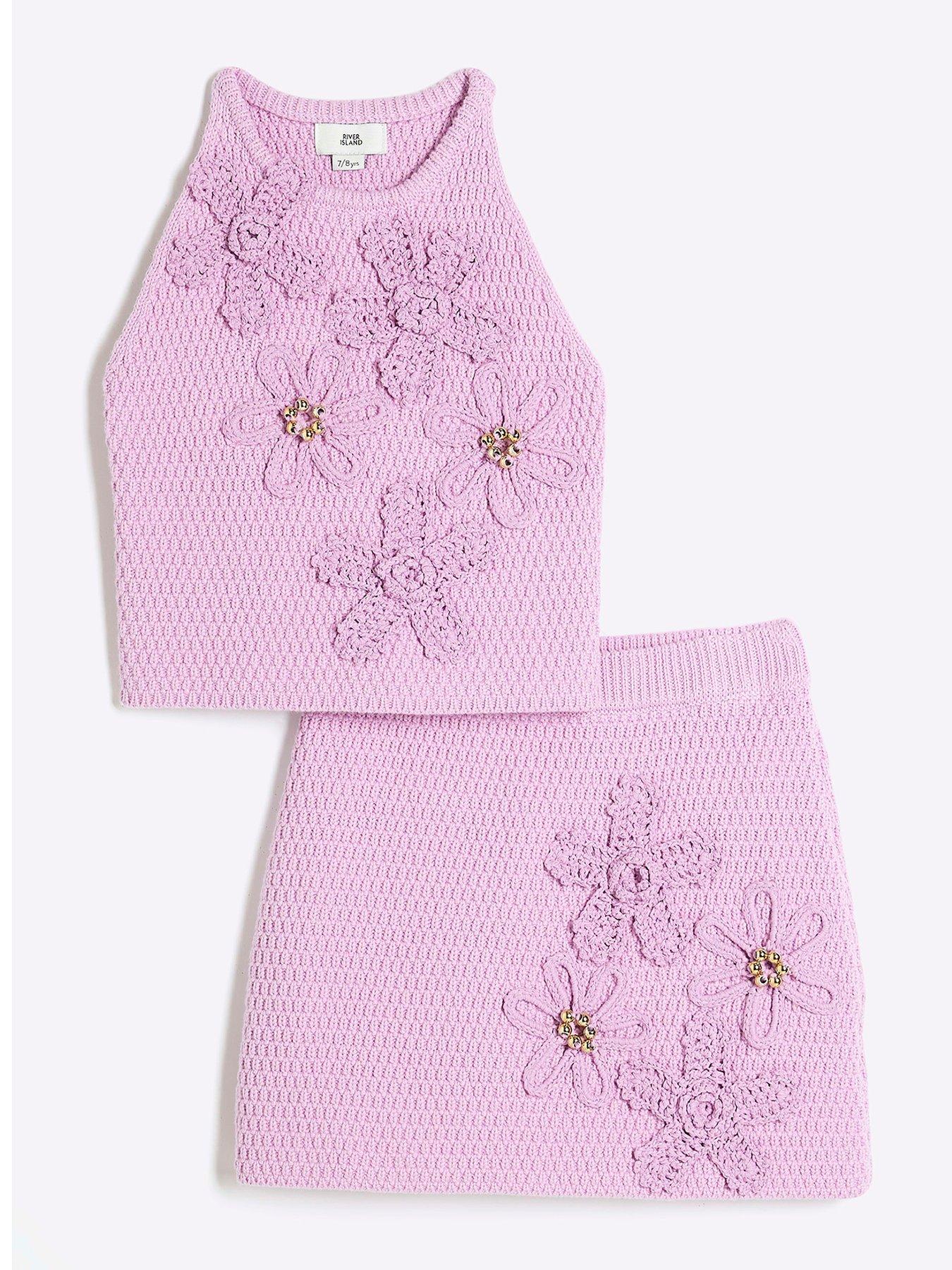 undefined Older Girl Crochet Floral Top  &  Skirt Set - Purple