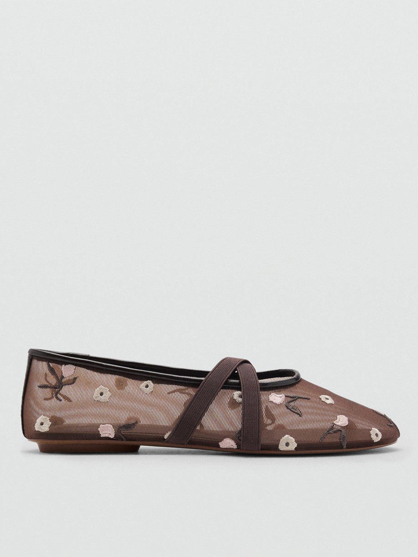 undefined Ballerina Flats With Cross Straps With Embroidered Flowers - Brown