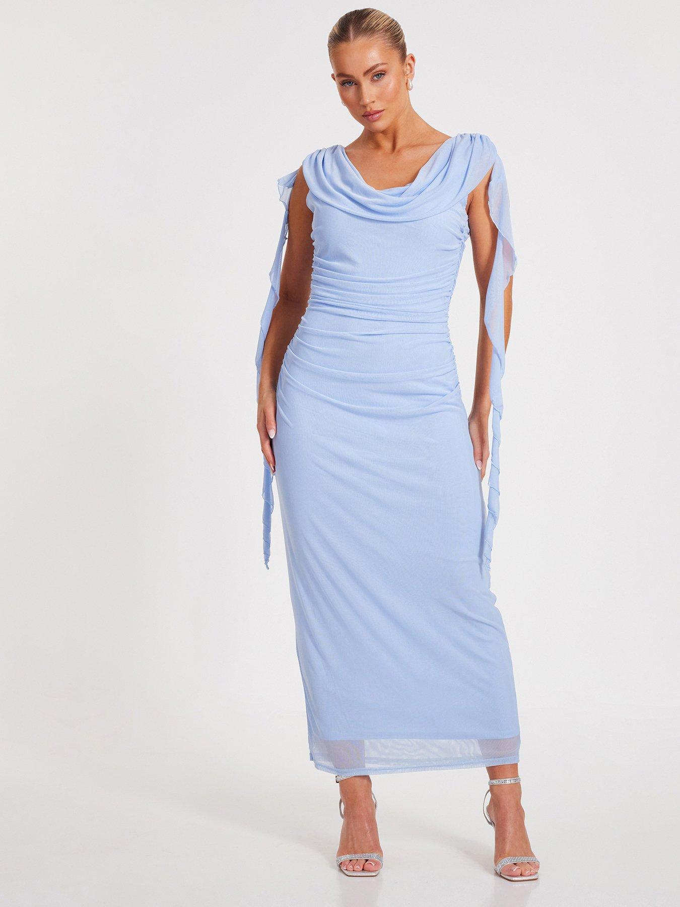 Image 1 of 6 of Quiz Pale Blue Mesh Cowl Midaxi Dress