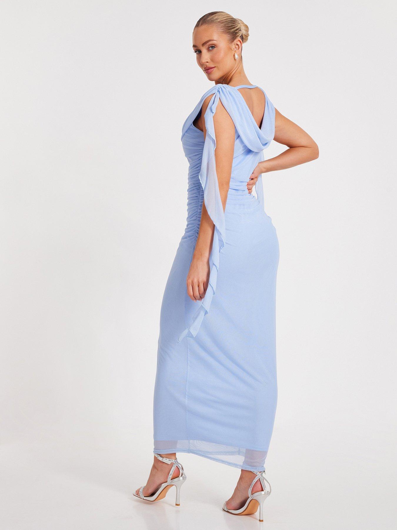 Image 2 of 6 of Quiz Pale Blue Mesh Cowl Midaxi Dress