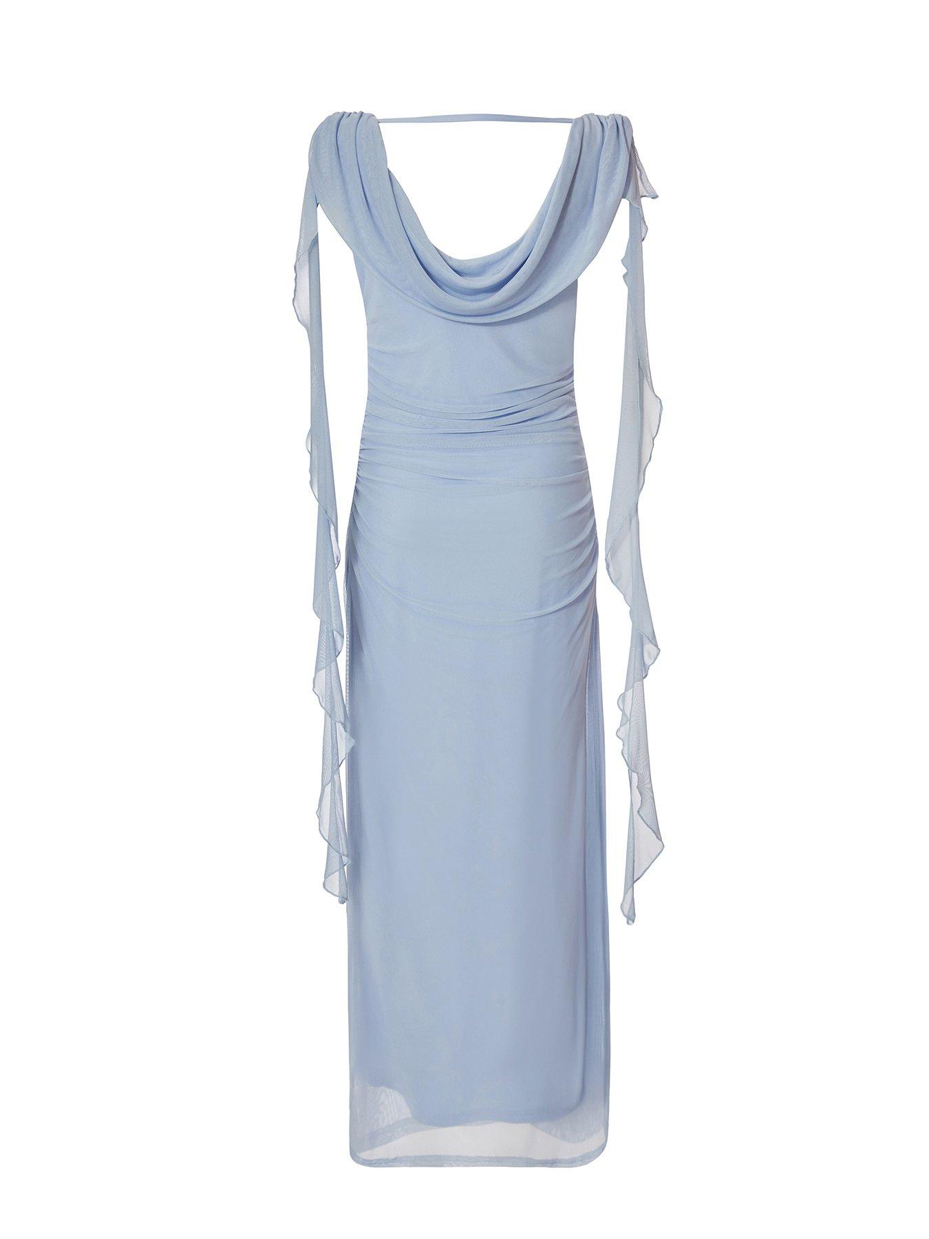 Image 5 of 6 of Quiz Pale Blue Mesh Cowl Midaxi Dress