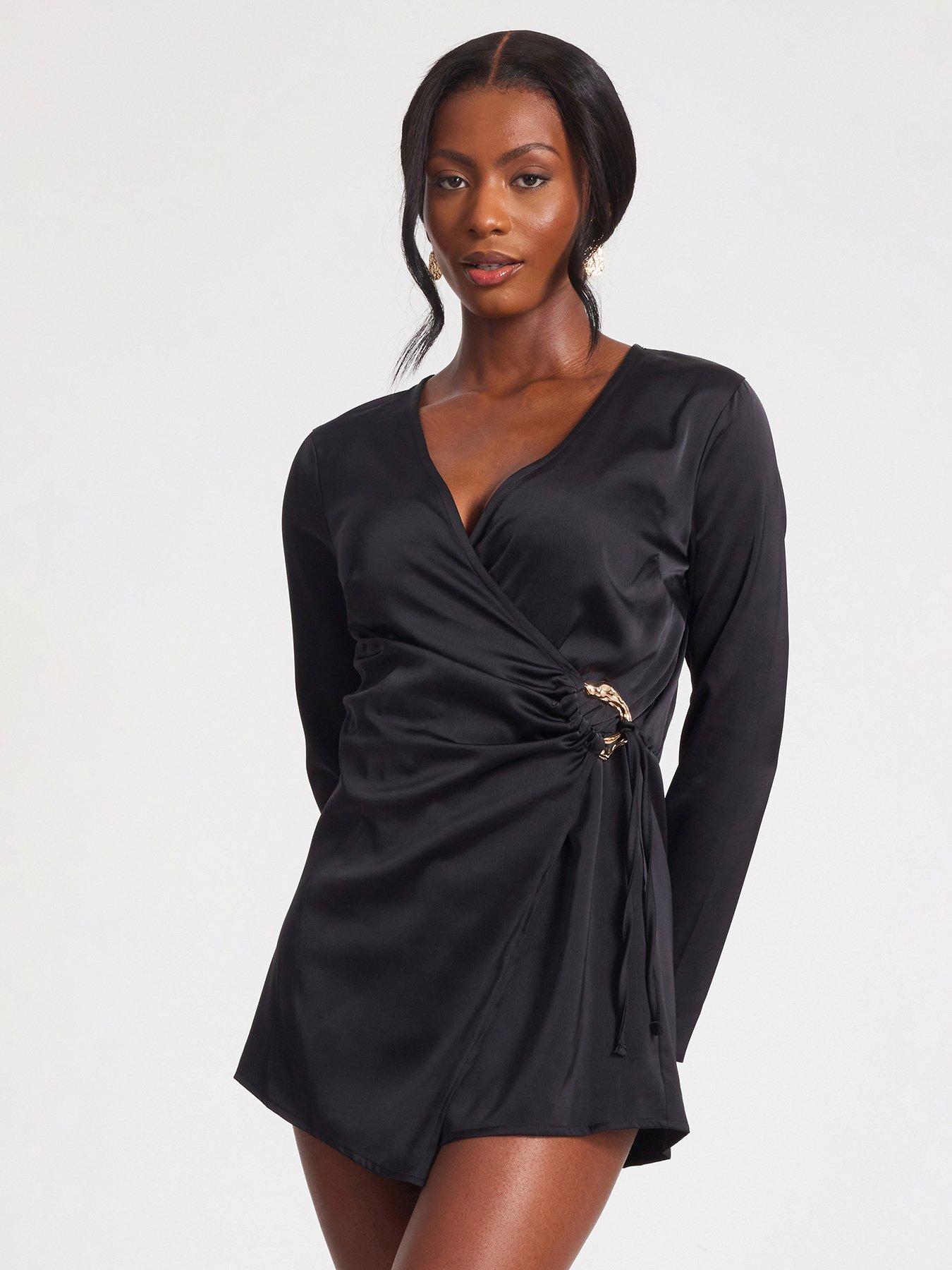 Image 1 of 6 of Quiz Black Satin Wrap Playsuit