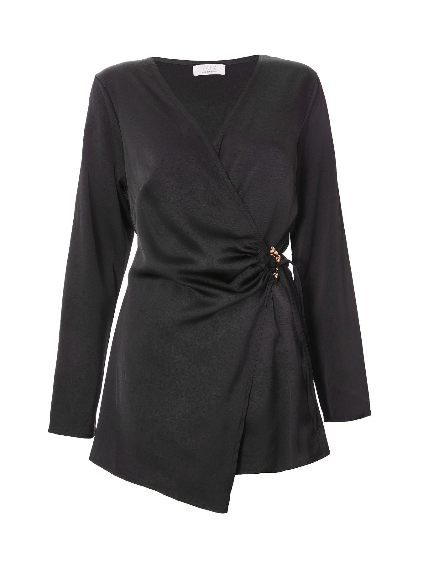 Image 4 of 6 of Quiz Black Satin Wrap Playsuit