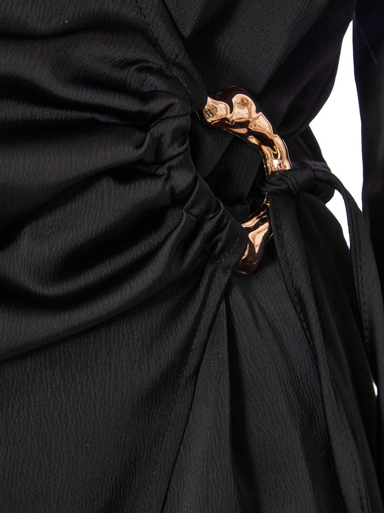 Image 6 of 6 of Quiz Black Satin Wrap Playsuit