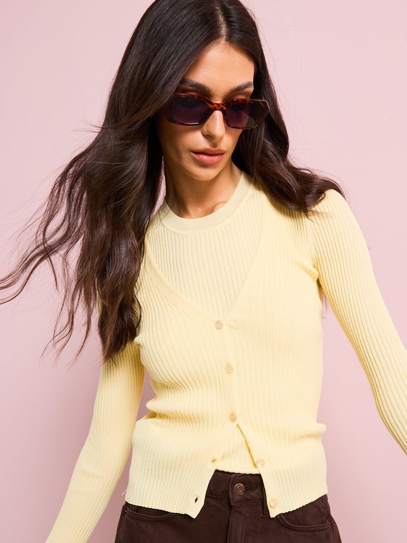 undefined V Neck Rib Knit Cardigan - Yellow