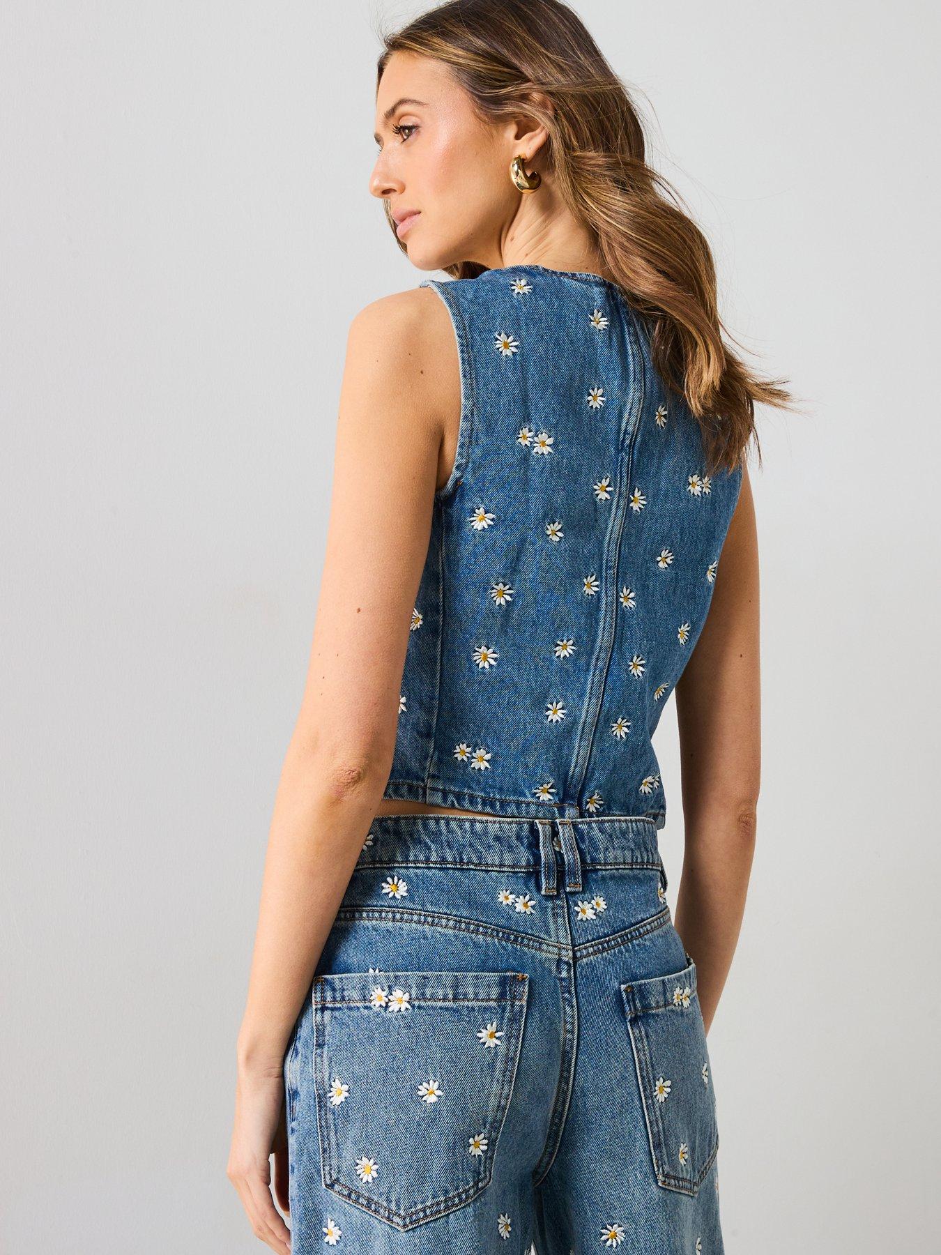 Image 2 of 6 of Mango Flower Embroidered Crop Vest - Blue
