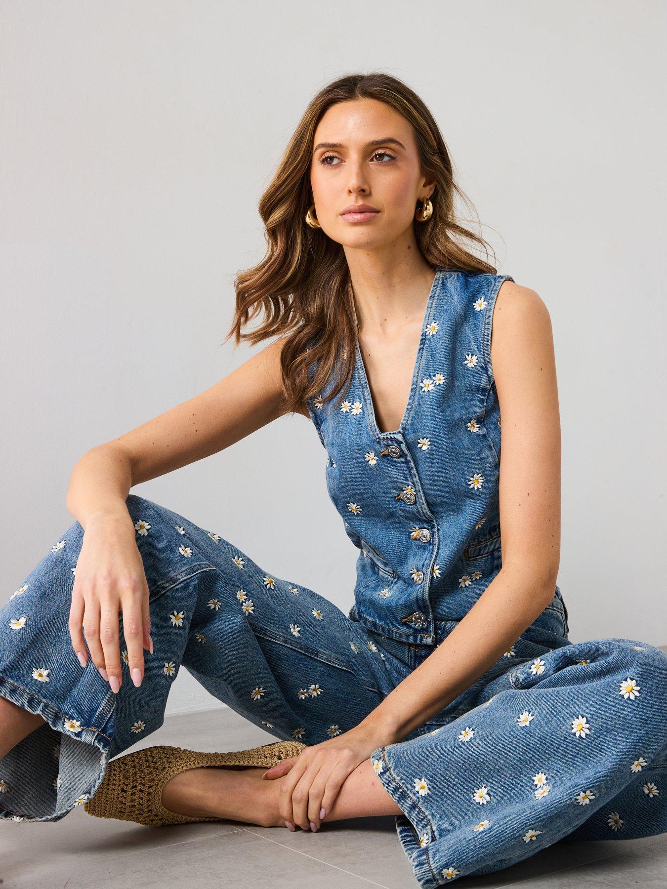 Image 4 of 6 of Mango Flower Embroidered Crop Vest - Blue
