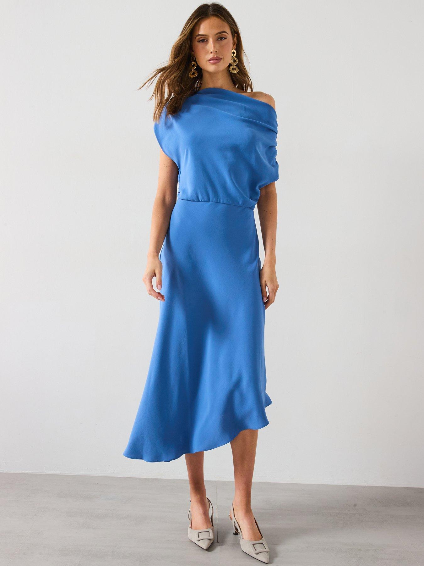 undefined Asymmetrical-Neck Midi-Dress - Blue