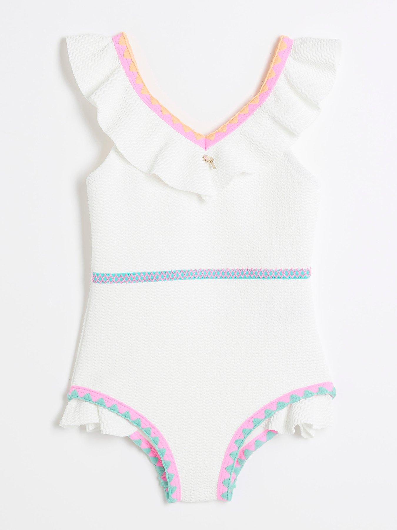 undefined Girls Frilled Whipstitch Swimsuit - White