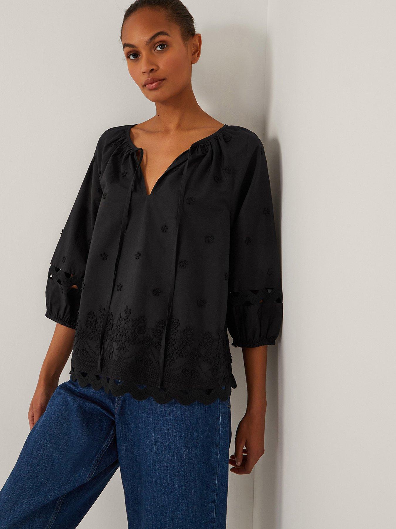 Image 1 of 5 of Monsoon Esme Embroided Top - Black