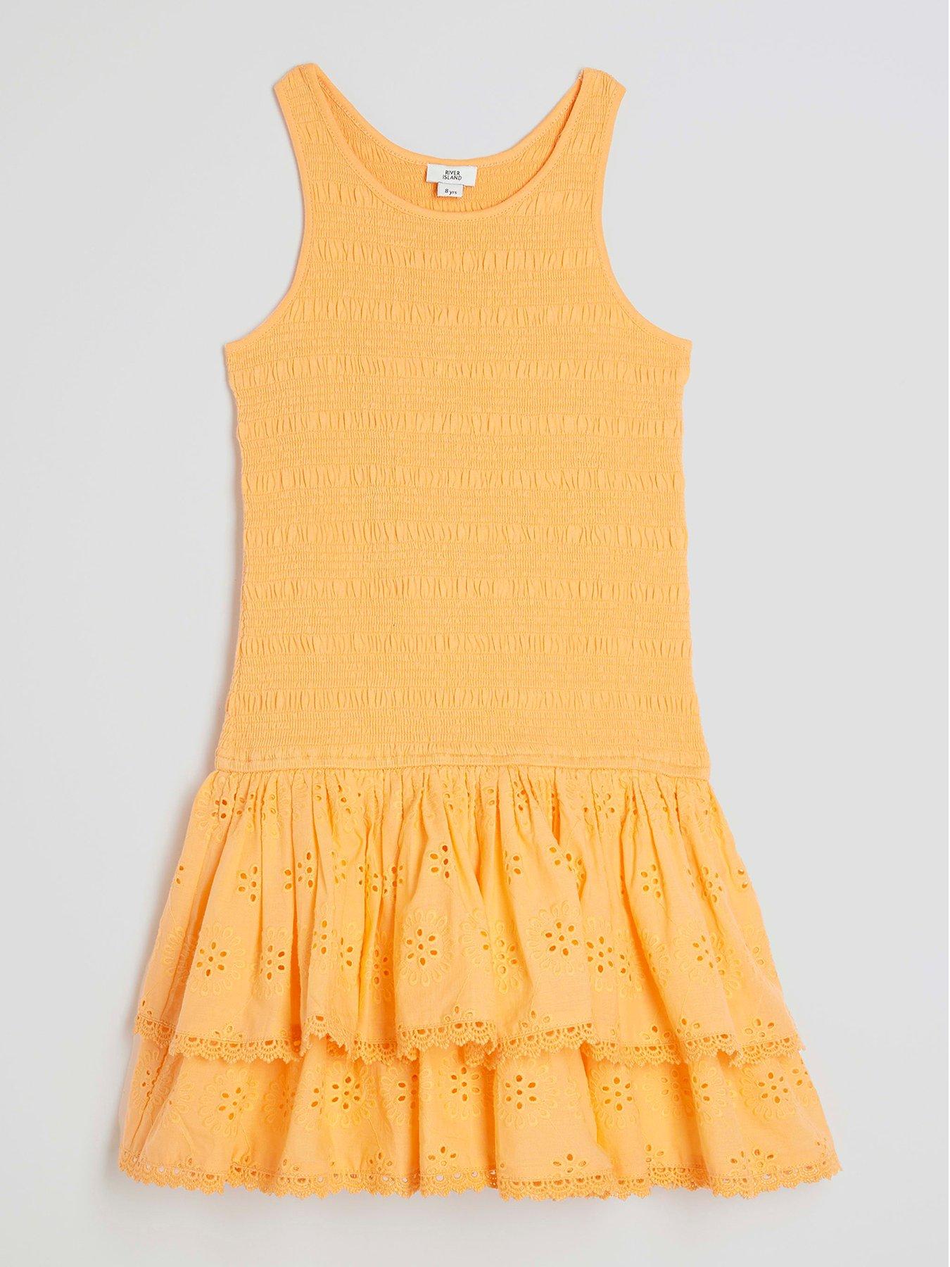 Image 1 of 4 of River Island Girls Shirred Broderie Rara Dress - Orange