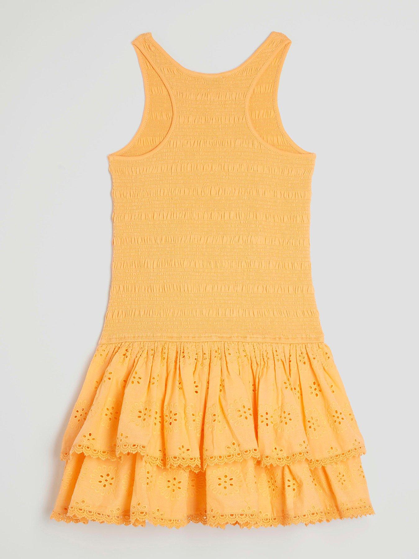 Image 2 of 4 of River Island Girls Shirred Broderie Rara Dress - Orange