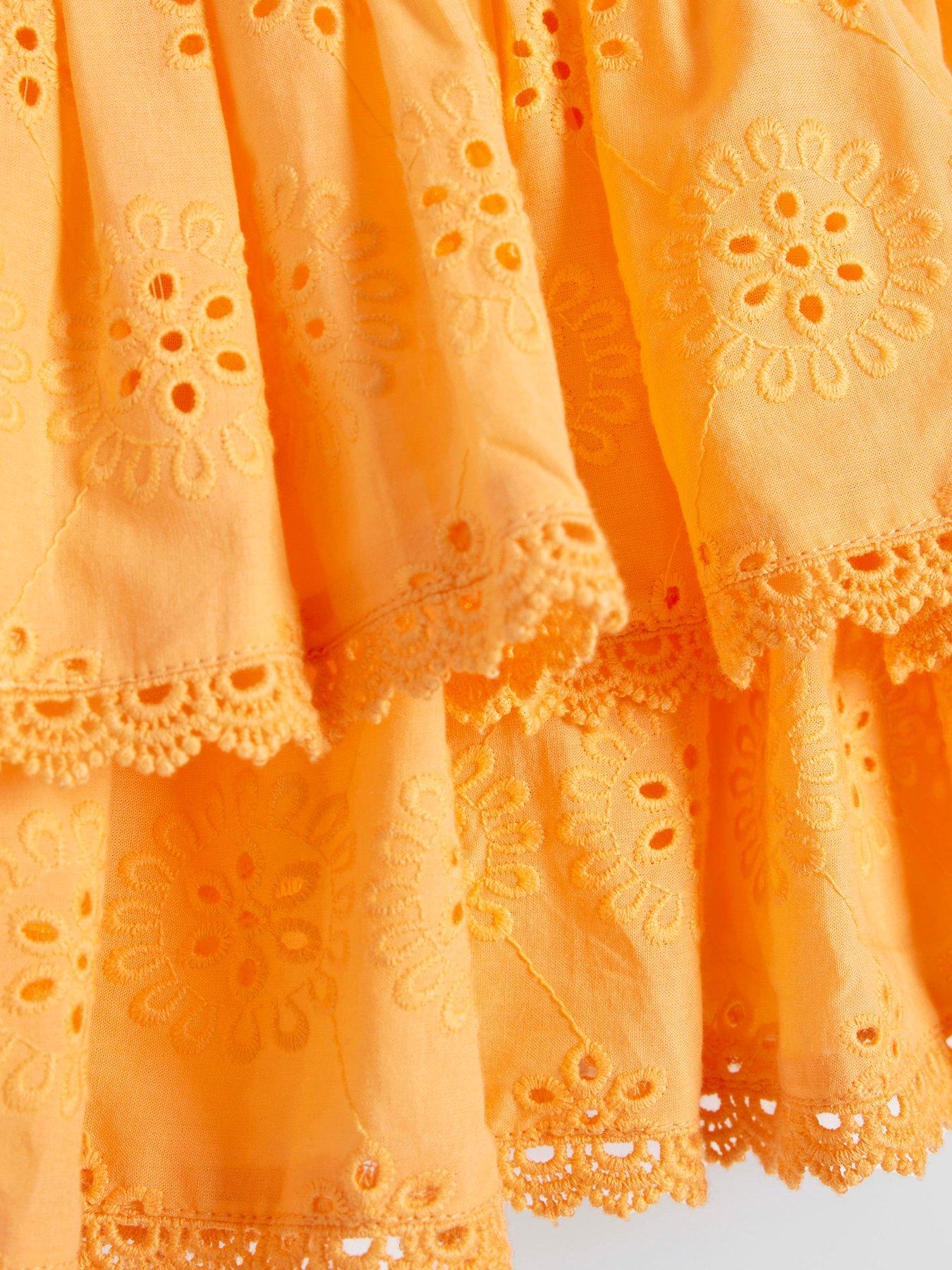 Image 3 of 4 of River Island Girls Shirred Broderie Rara Dress - Orange