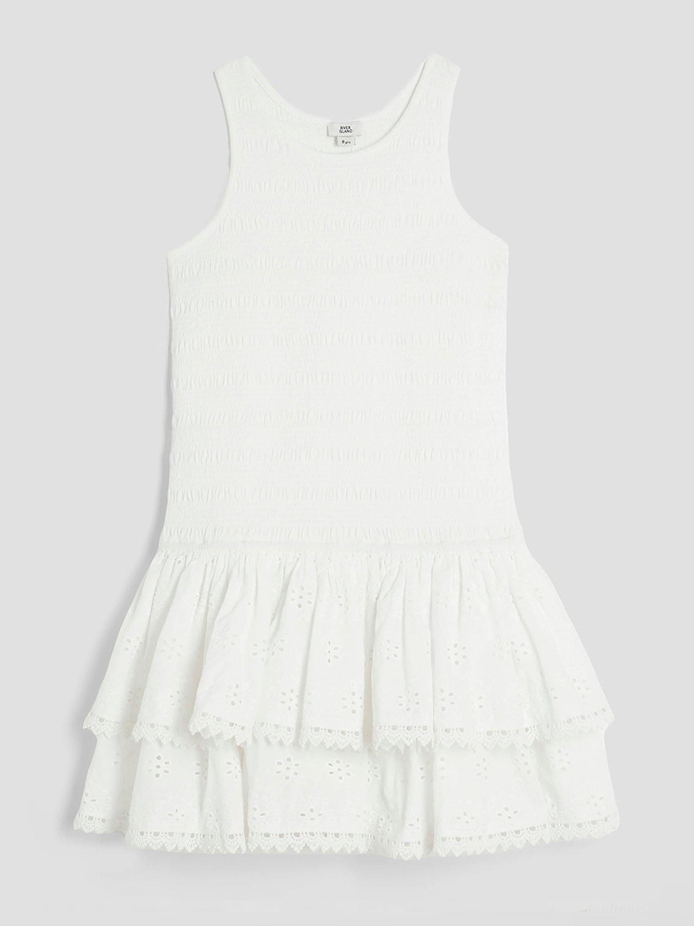 undefined Older Girl Shirred Broderie Rara Dress - White