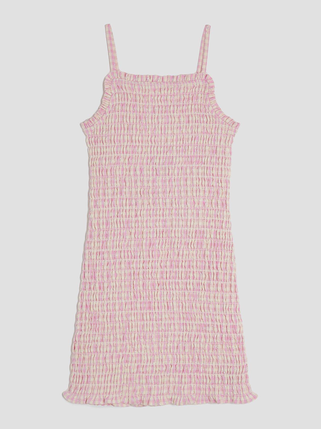 undefined Older Girls Shirred Gingham Dress - Pink