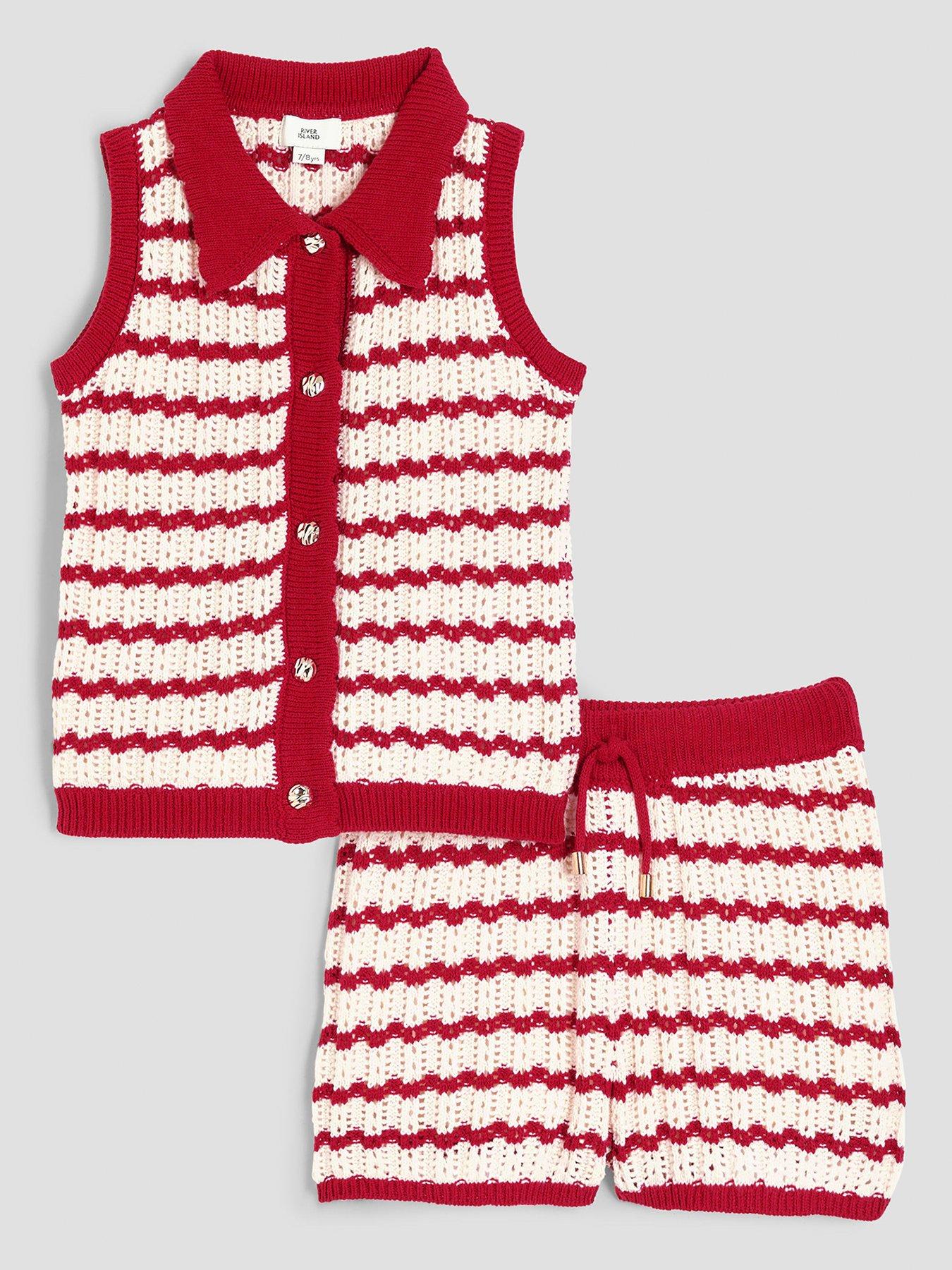 undefined Girls Crochet Stripe Waistcoat And Shorts Set - Red