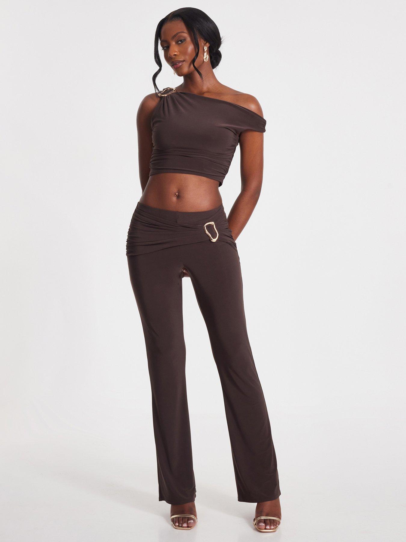 Image 1 of 6 of Quiz Brown Buckle Detail Trousers
