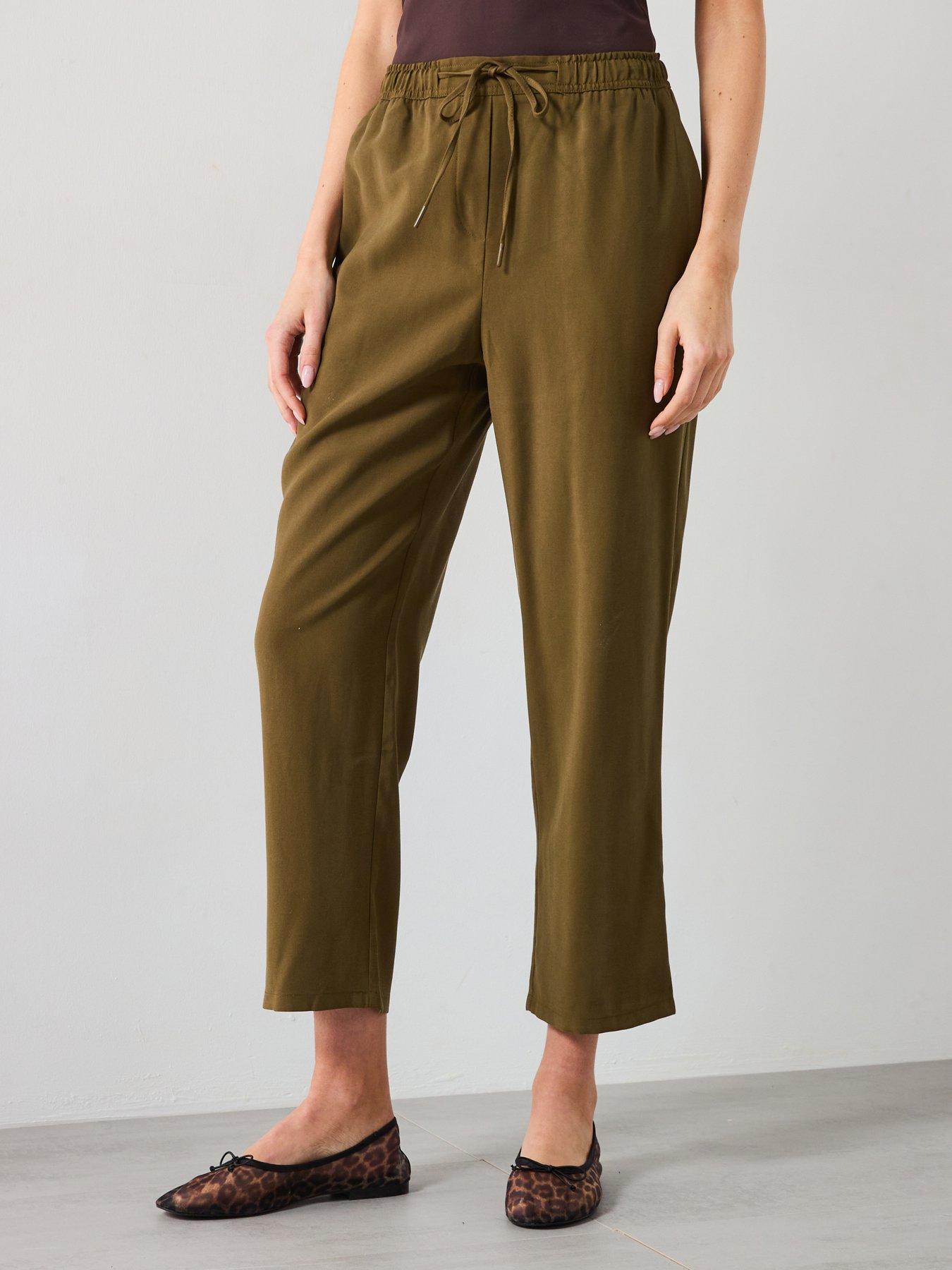 undefined Elastic Waist Flowy Trousers - Khaki