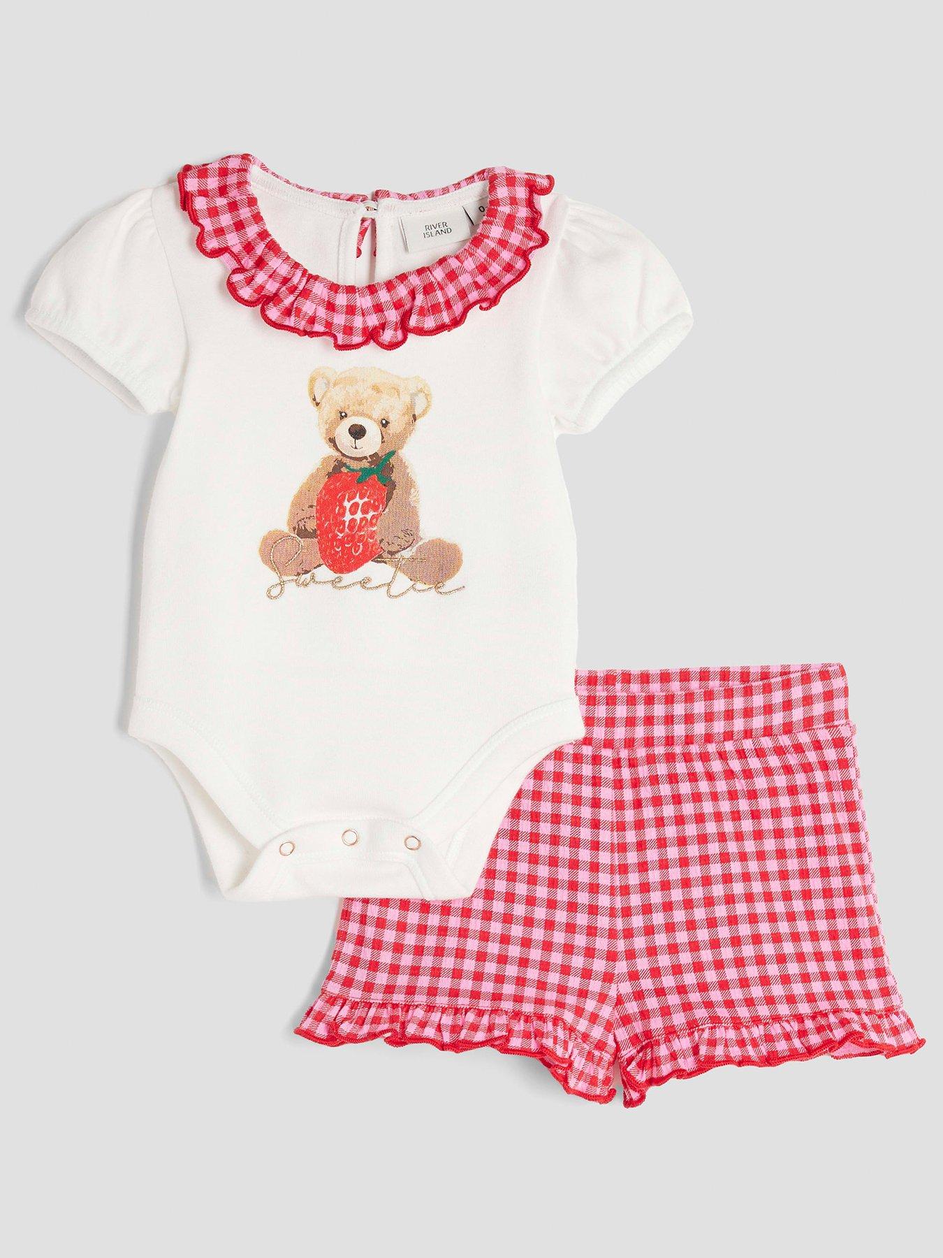 River Island Baby Girl Bear Gingham Shorts Set - Cream