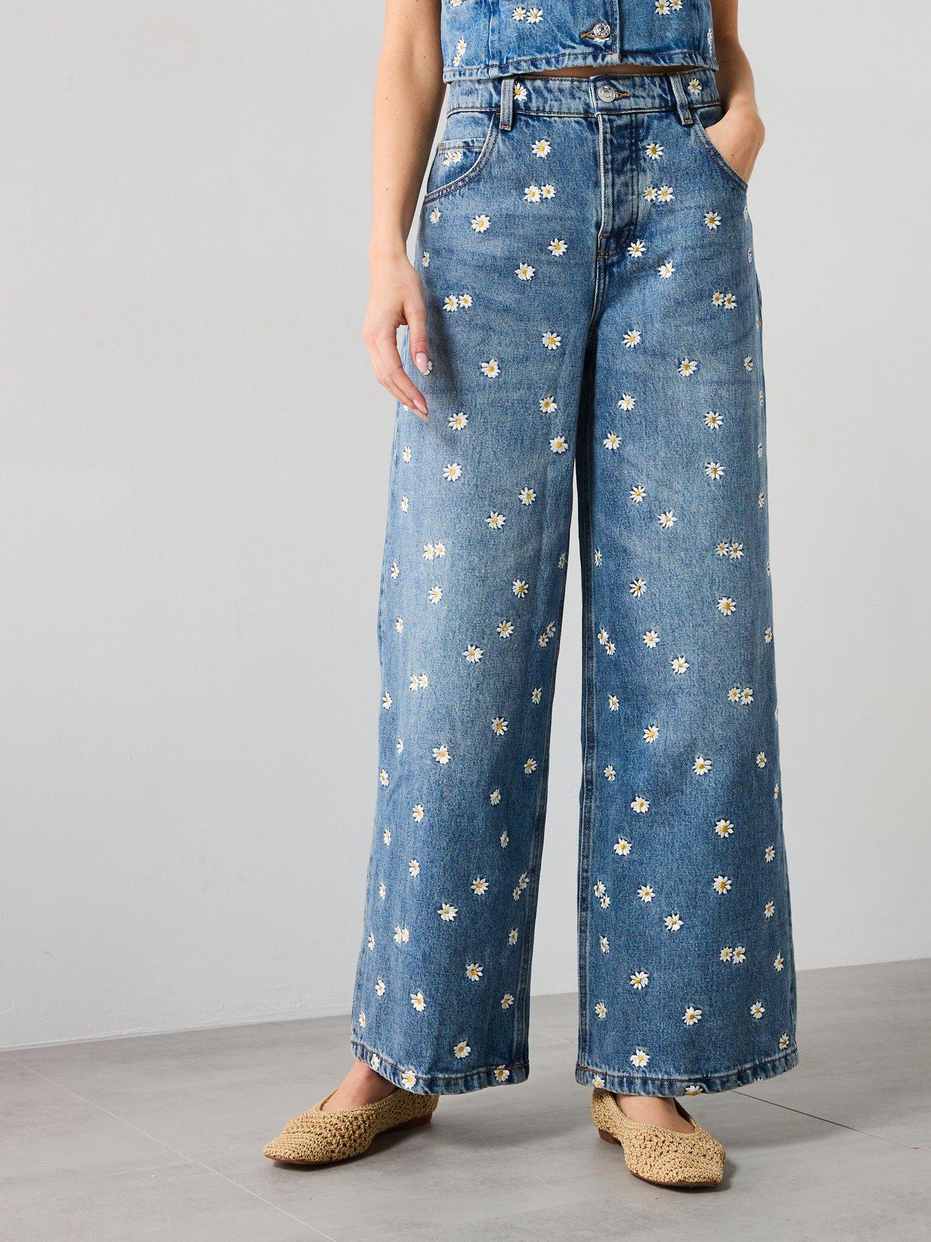 undefined Flower Embroidered Wide Leg Jeans - Blue