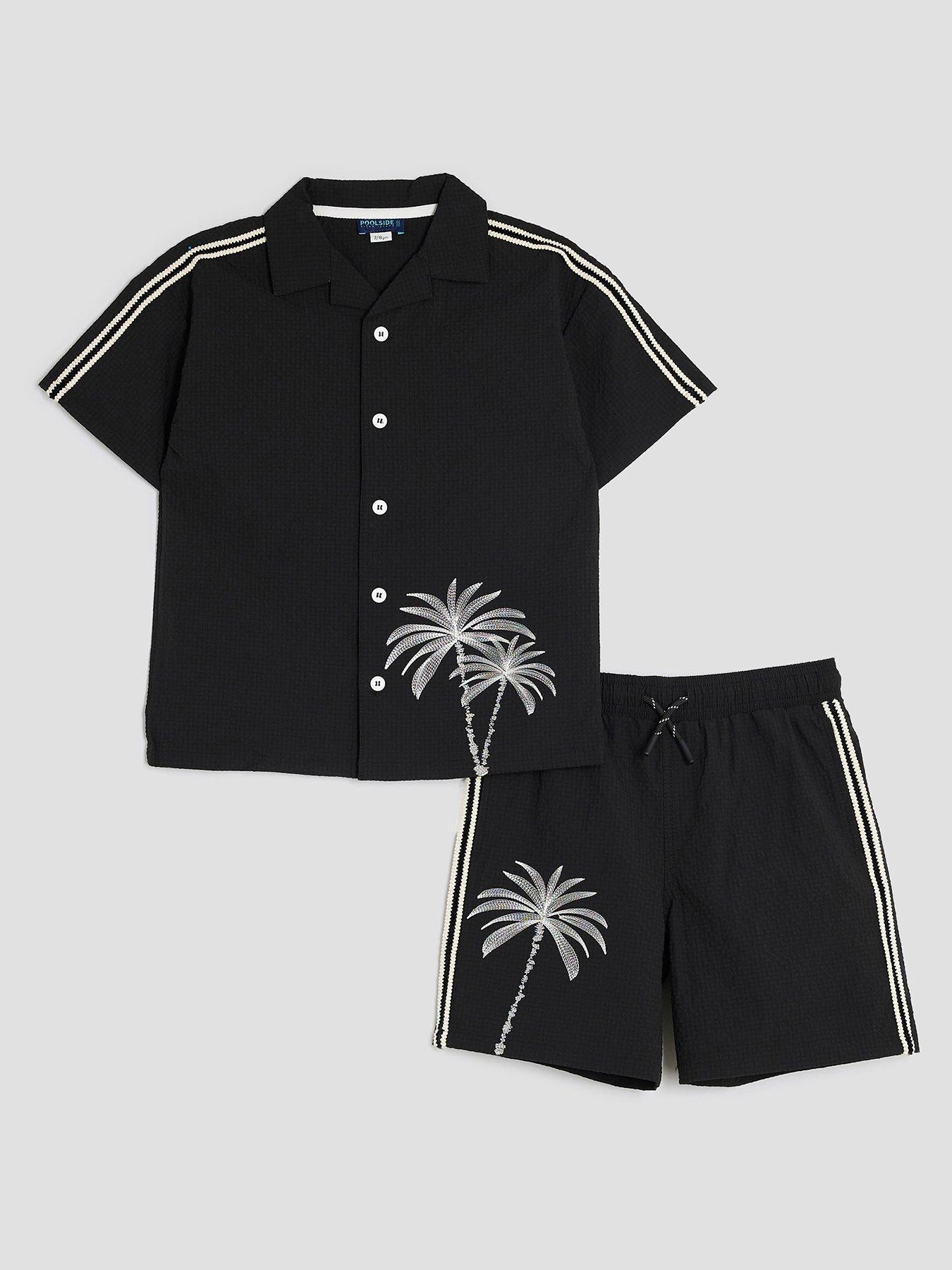 undefined Mini Boys Palm Embroidered Swim Shorts Set - Black