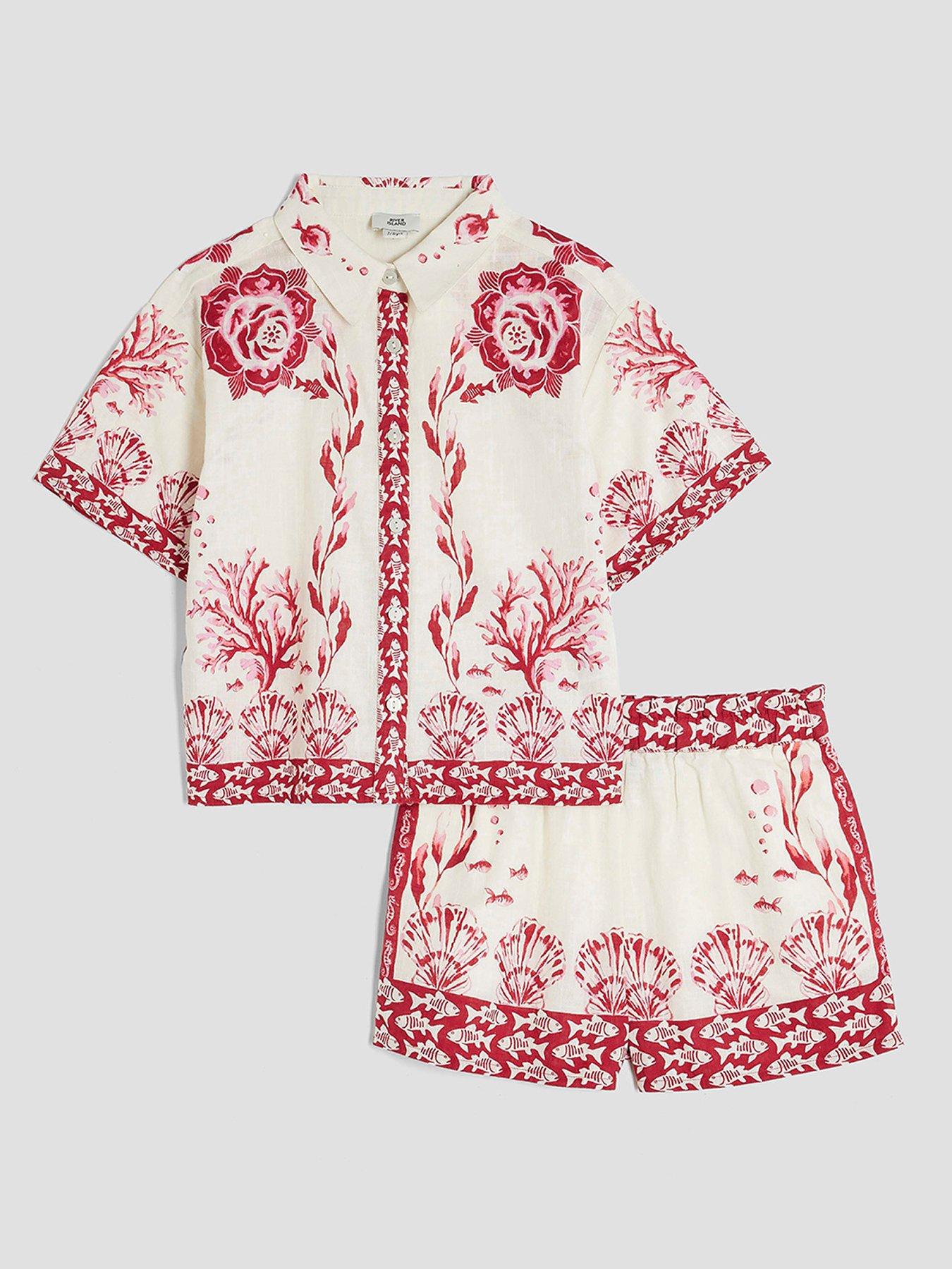 undefined Older Girl Bordered Printed Shirt Set - Red
