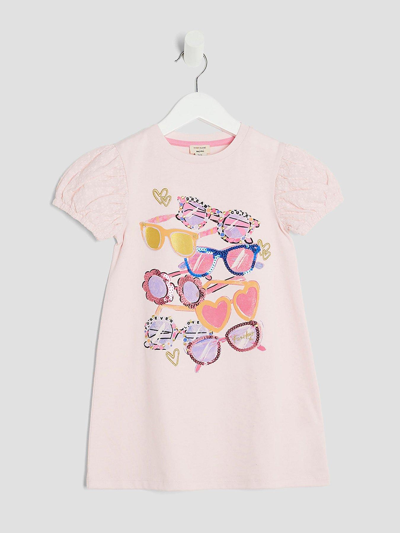 Image 1 of 4 of River Island Mini Girl Sunglasses T-Shirt Dress - Pink