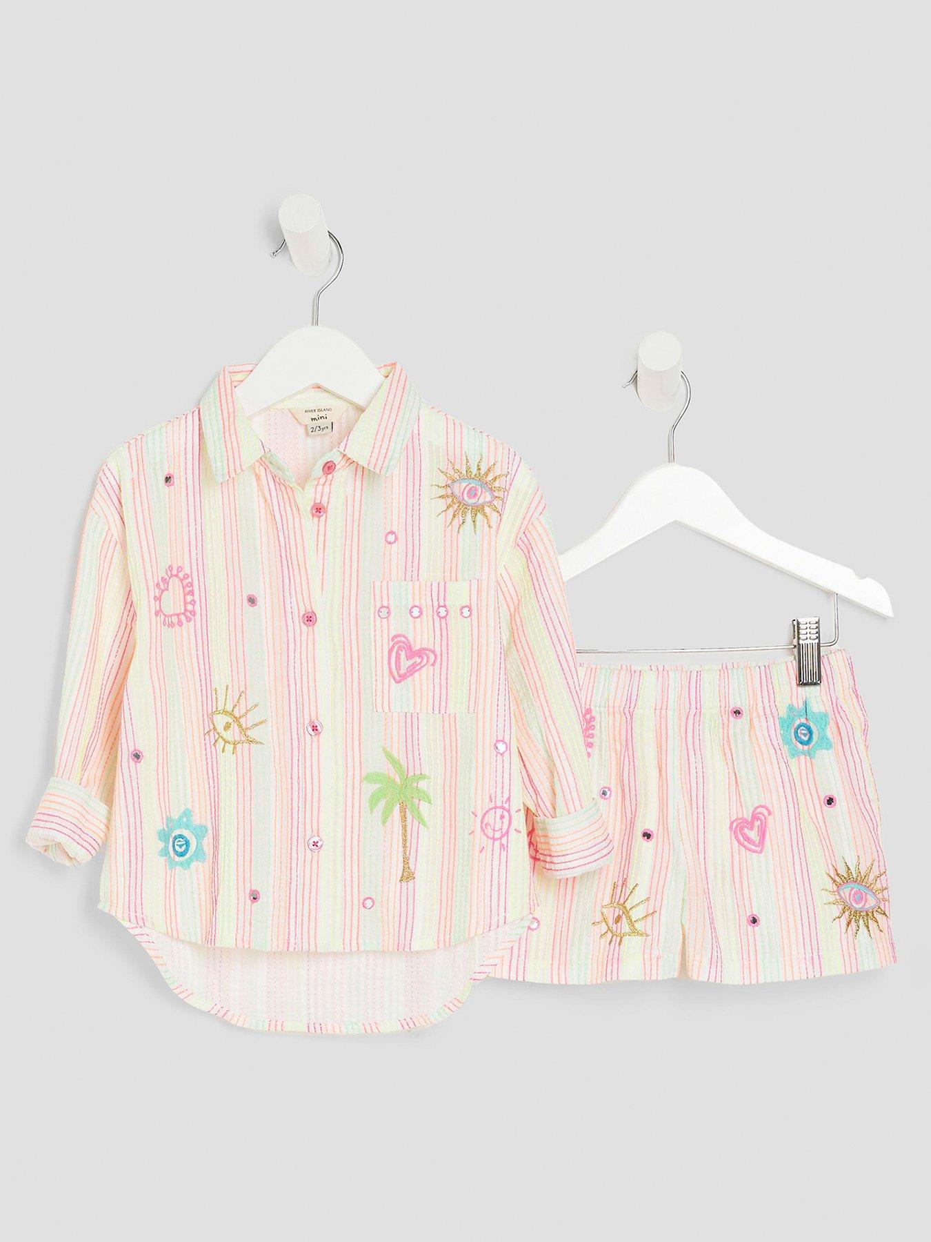 undefined Mini Girls Stripe Embroidered Shirt Set - Pink
