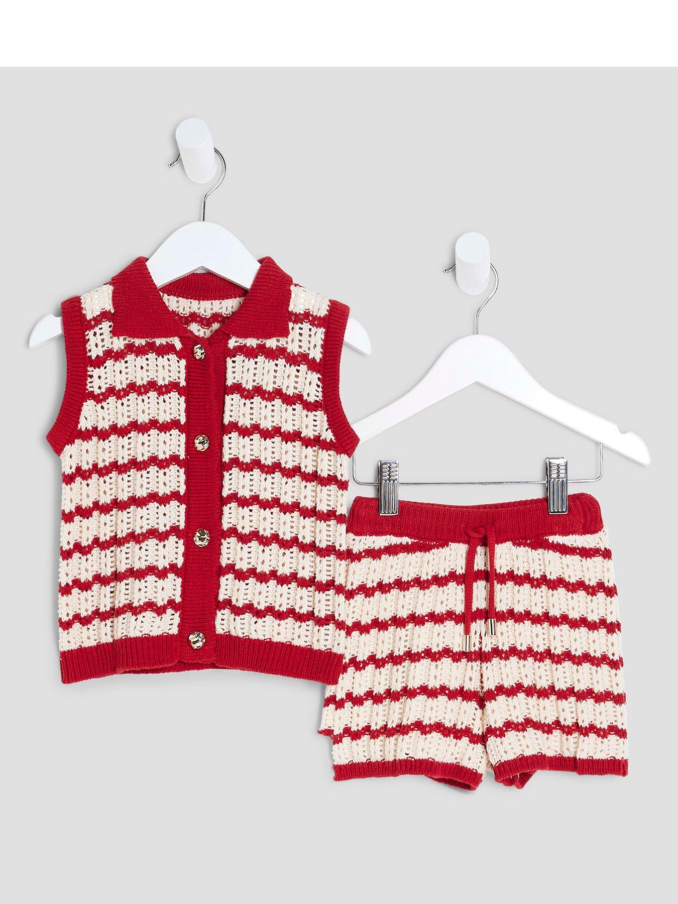 undefined Girls Crochet Stripe Waistcoat And Shorts Set - Red