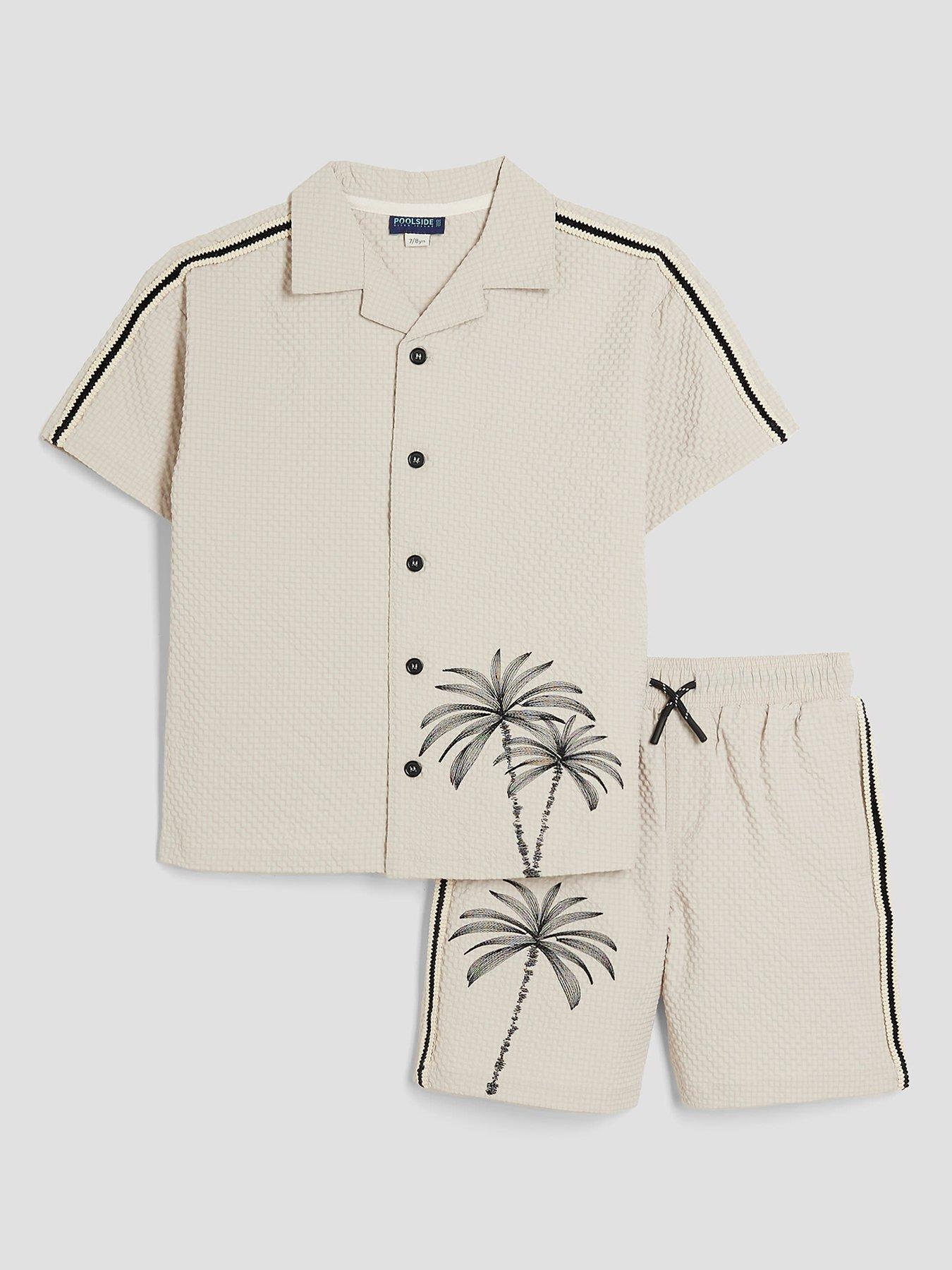 Image of River Island Mini Boys Palm Embroidered Swim Shorts Set  - Stone
