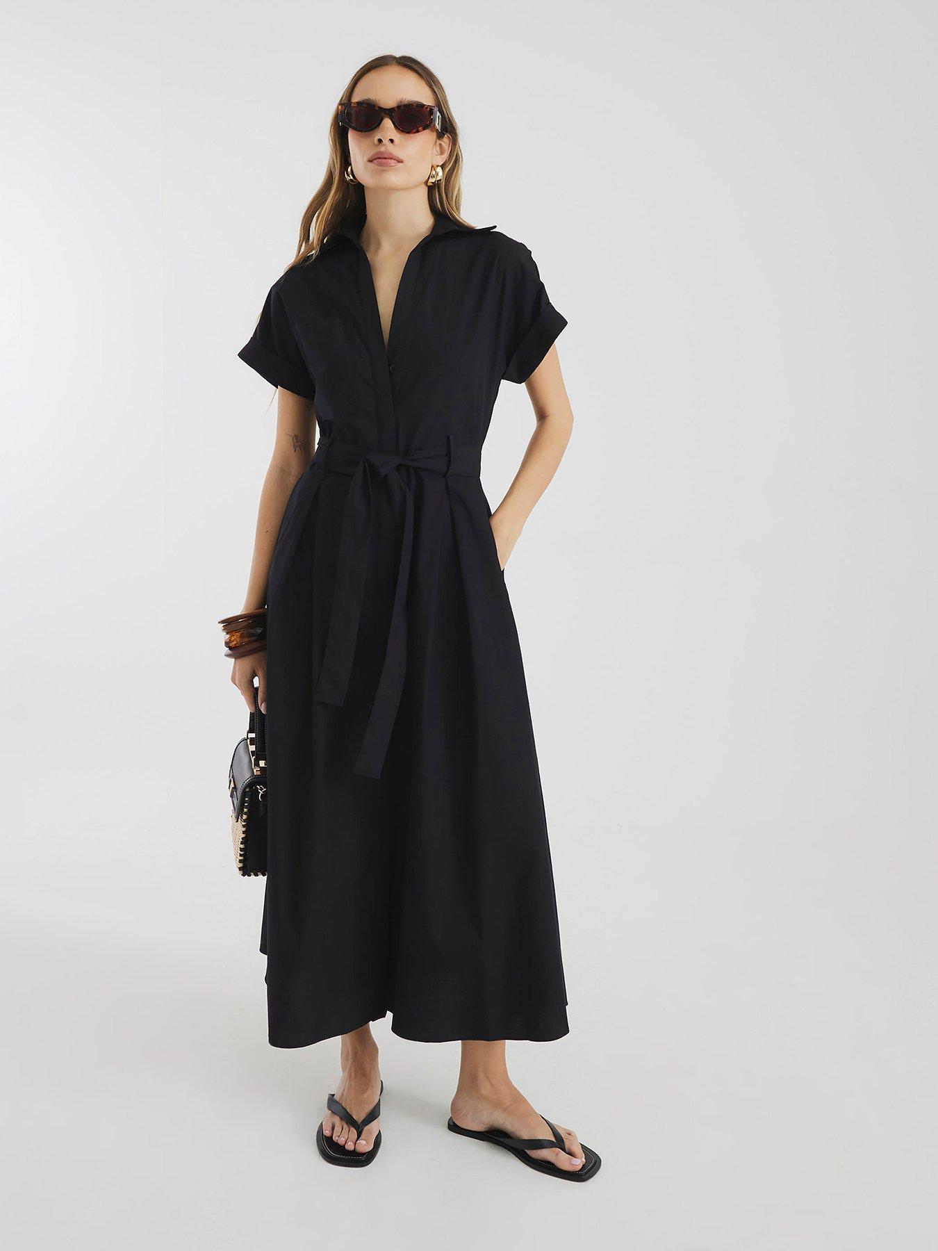 undefined Short Sleeve Midi Shirt Dress - Black