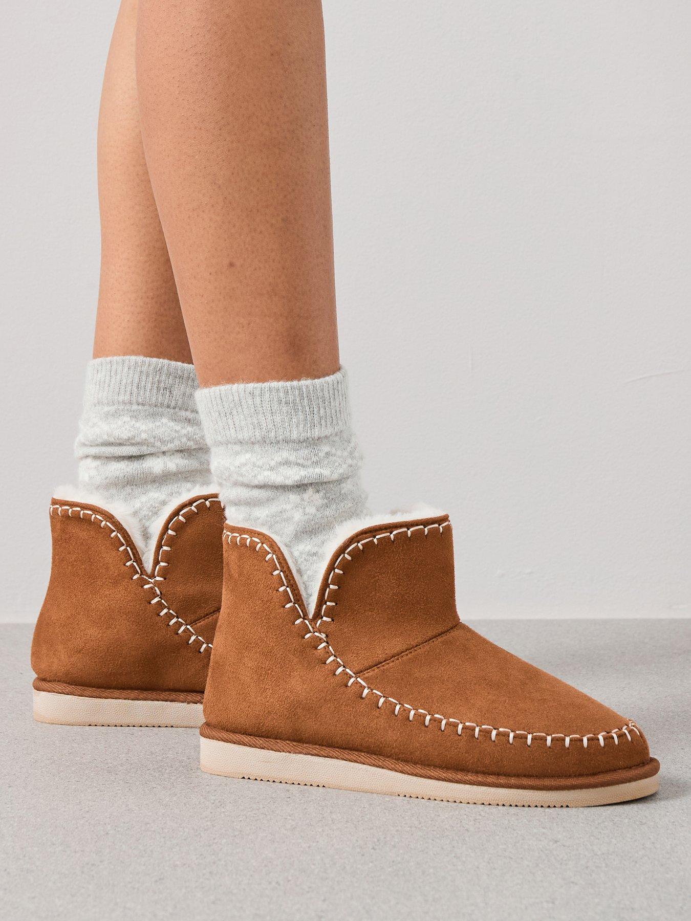 Image 1 of 7 of V by Very Stitch Detail Fur Lined Slipper Boots - Brown