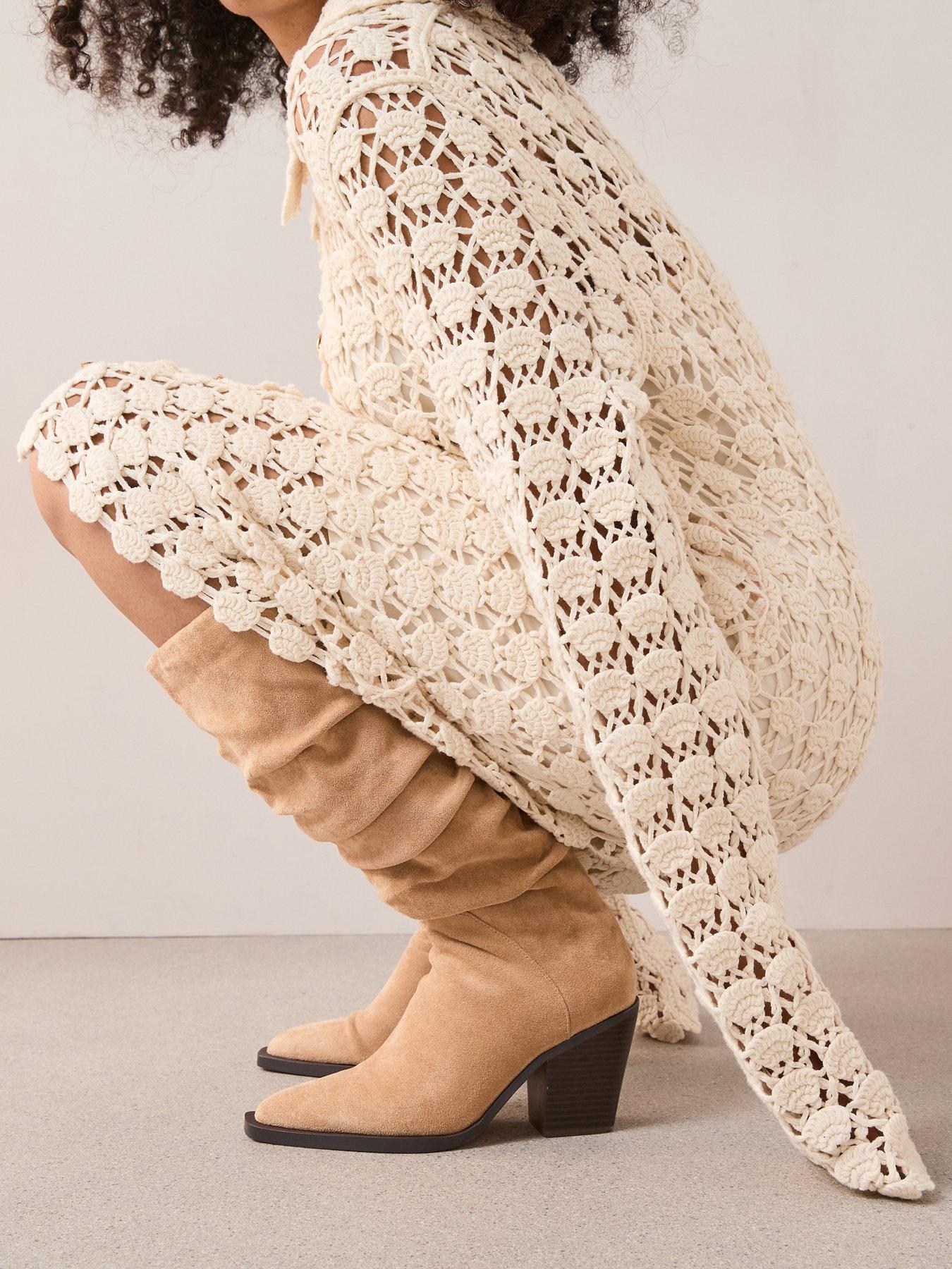 The Very Collection Slouch Knee Boots With Western Heel - Beige
