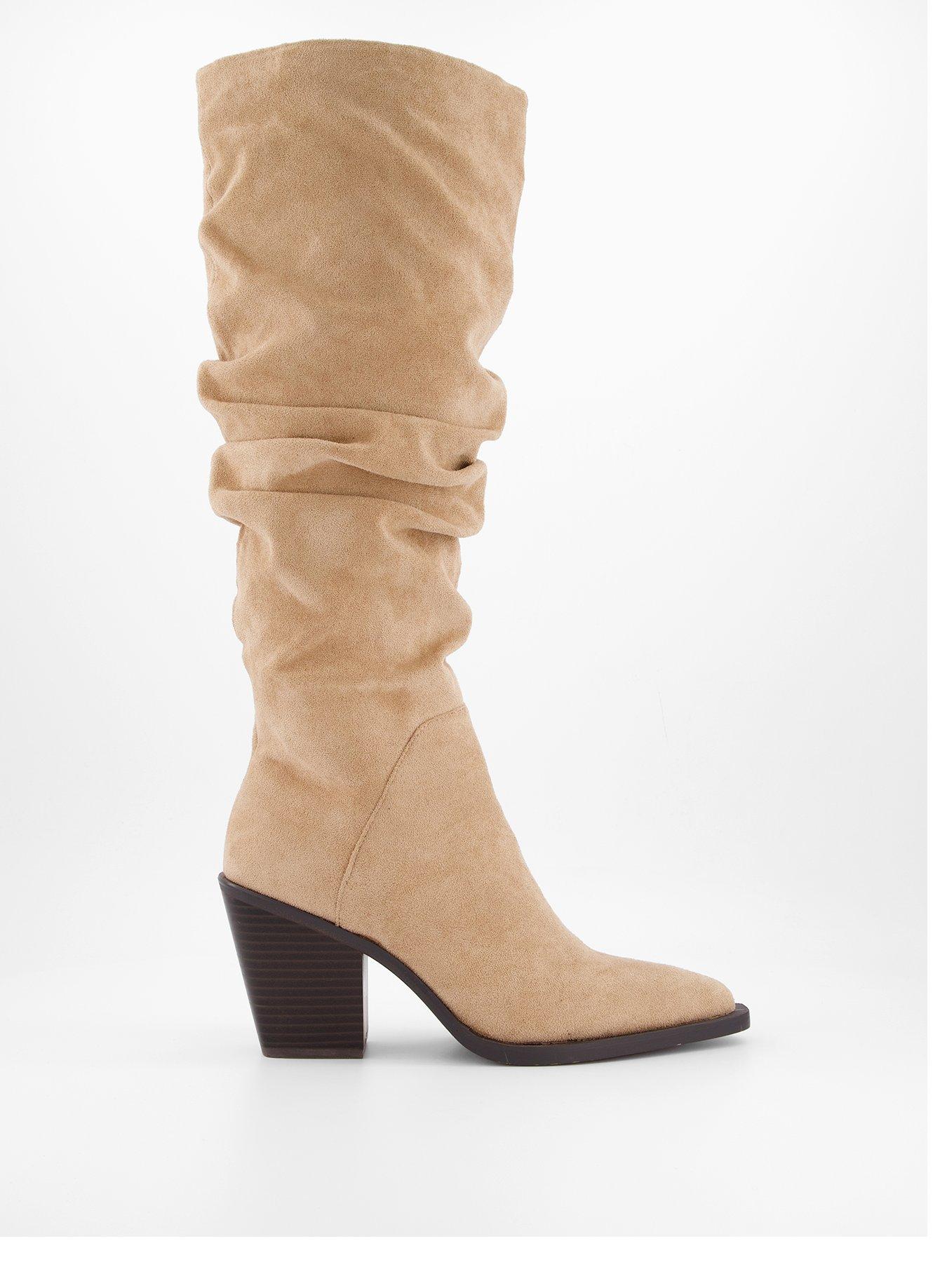 The Very Collection Slouch Knee Boots With Western Heel - Beige