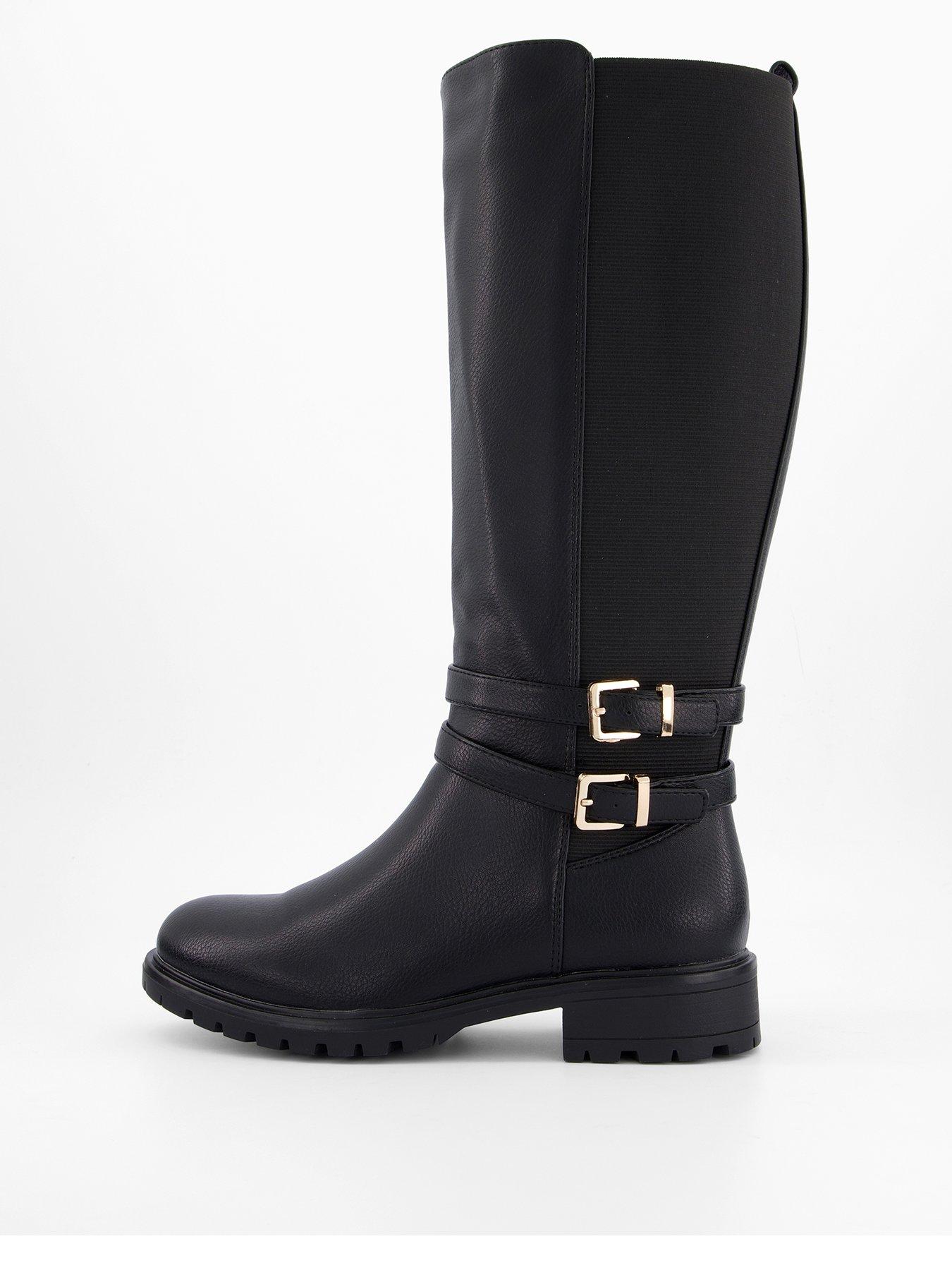 V by Very Wide Fit Buckle Knee Boot With Wider Fitting Calf - Black