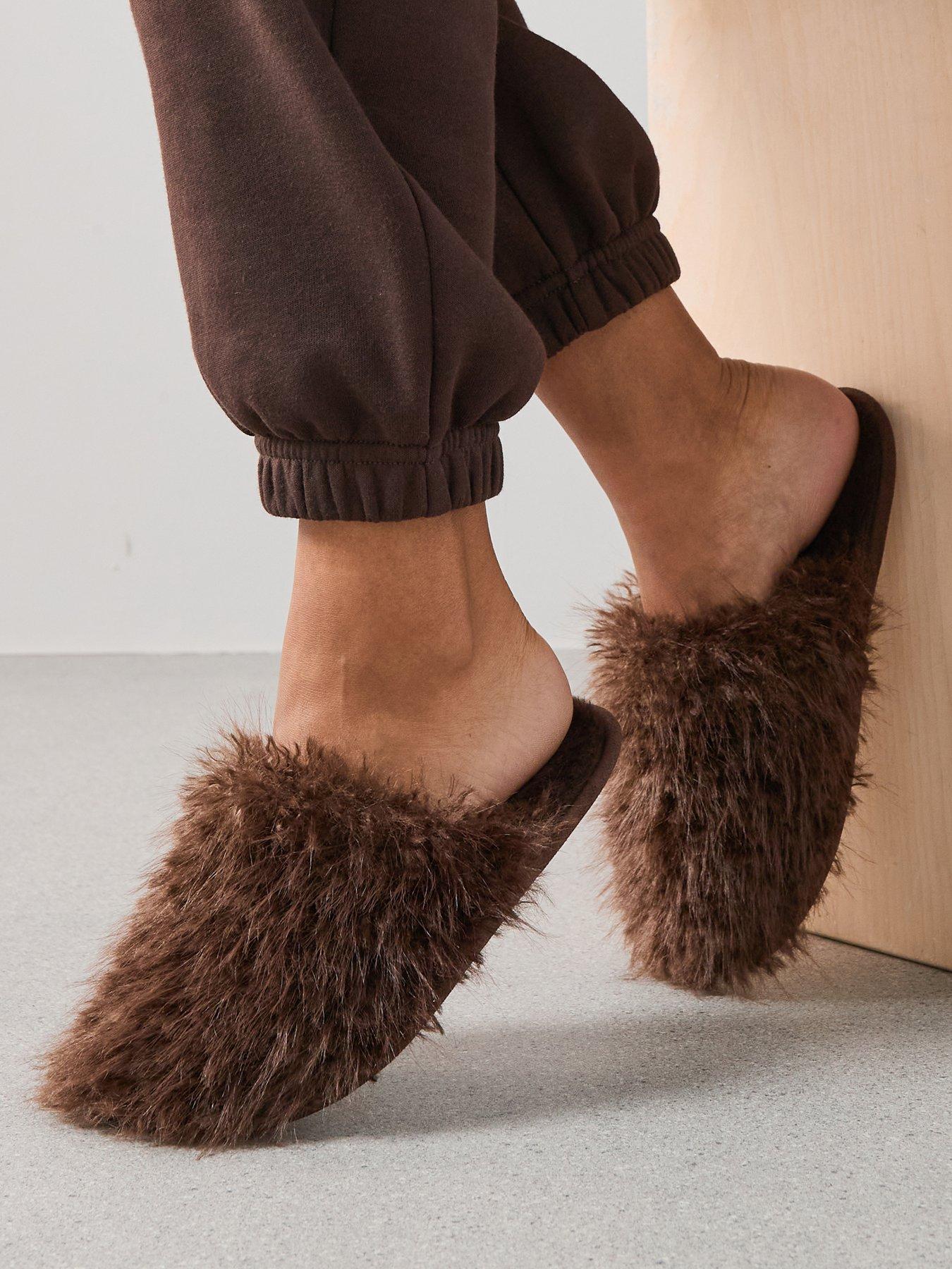 V by Very Faux Fur Mule Slippers - Grey