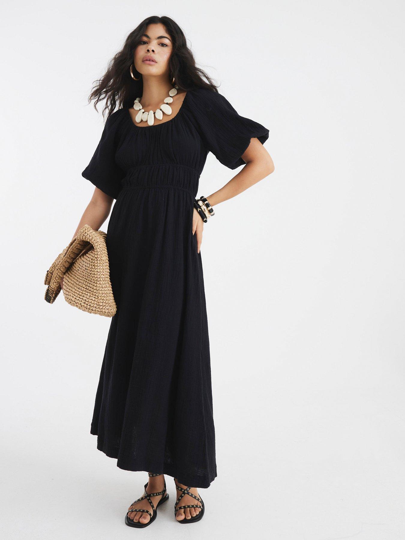 undefined Short Sleeve Linen Midi Dress - Black